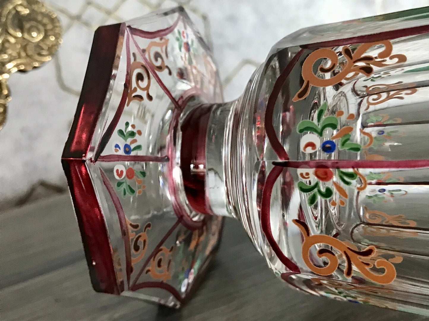 Antikisiert Replik Böhmisch Biedermeier Email-Malerei Glas Fußbecher bemalt