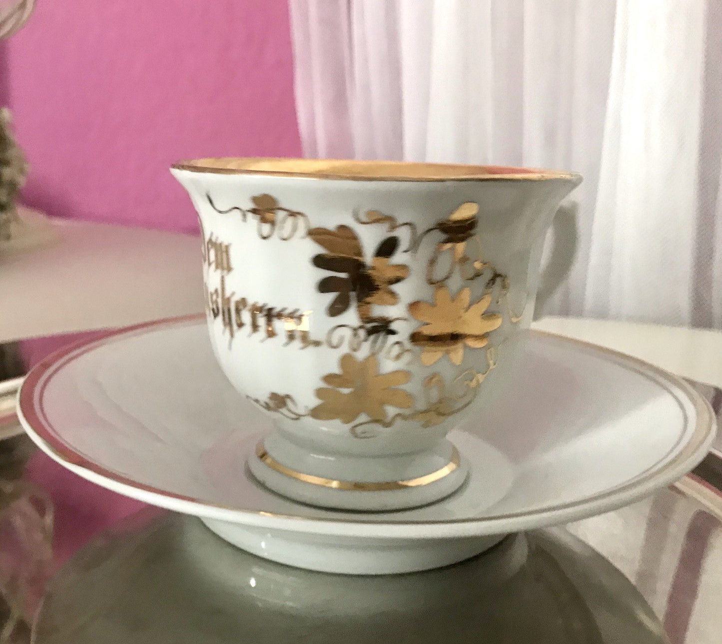 Antik Porzellan Andenken Becher Gedeck Sammeltasse Tasse „Dem Hausherrn“
