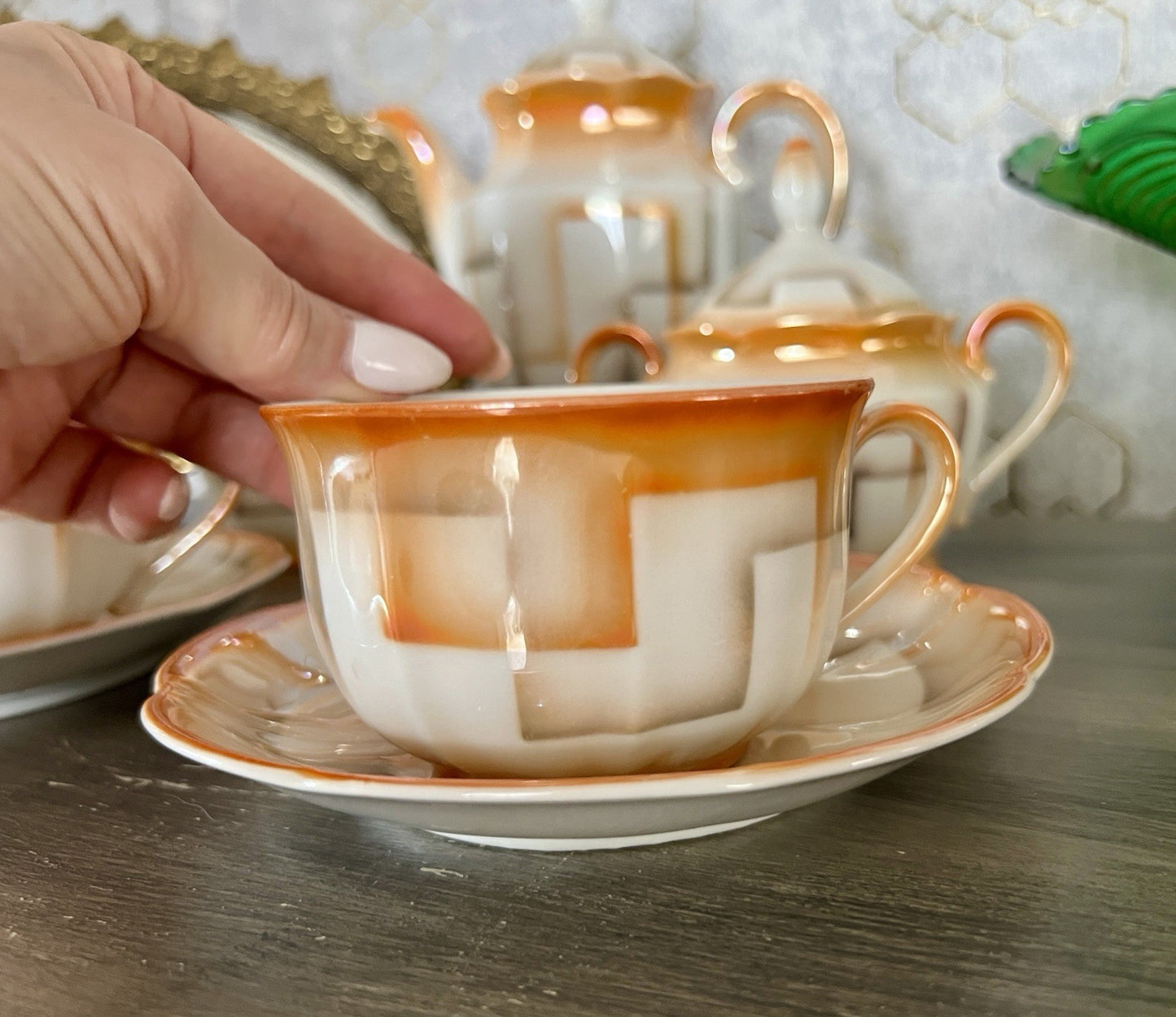 Antik Art Déco Porzellan Kaffeeservice Spritzdekor Bauhaus Teté a Téte 2 Pers.