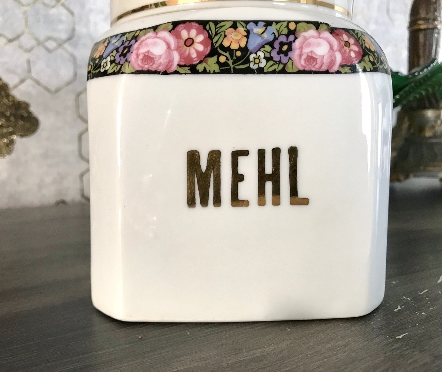 Antik Porzellan Dose Vorratsgefäß Vorratsdose Mehl Blumenborte Art Déco