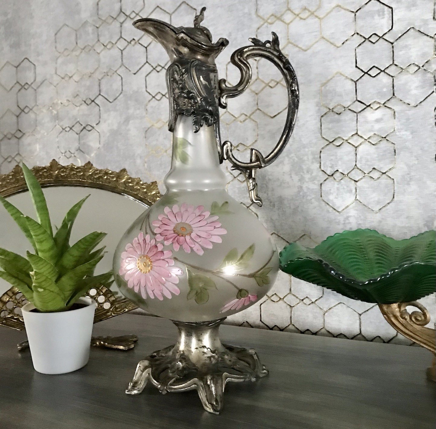 Antik Legras Karaffe Dekanter Schankkrug Glas versilbert Montur bemalt