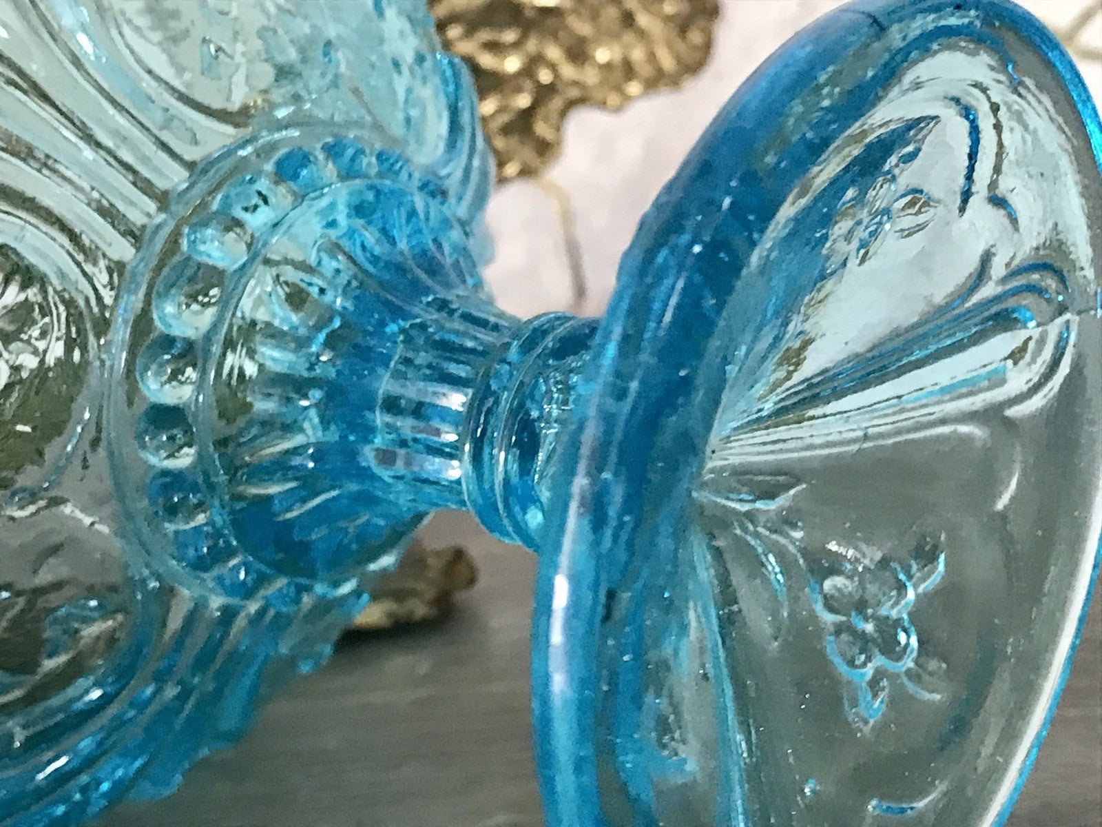 Antik Jugendstil Art Déco Pressglas Glas Fußschale Schale Zuckerschale Blau