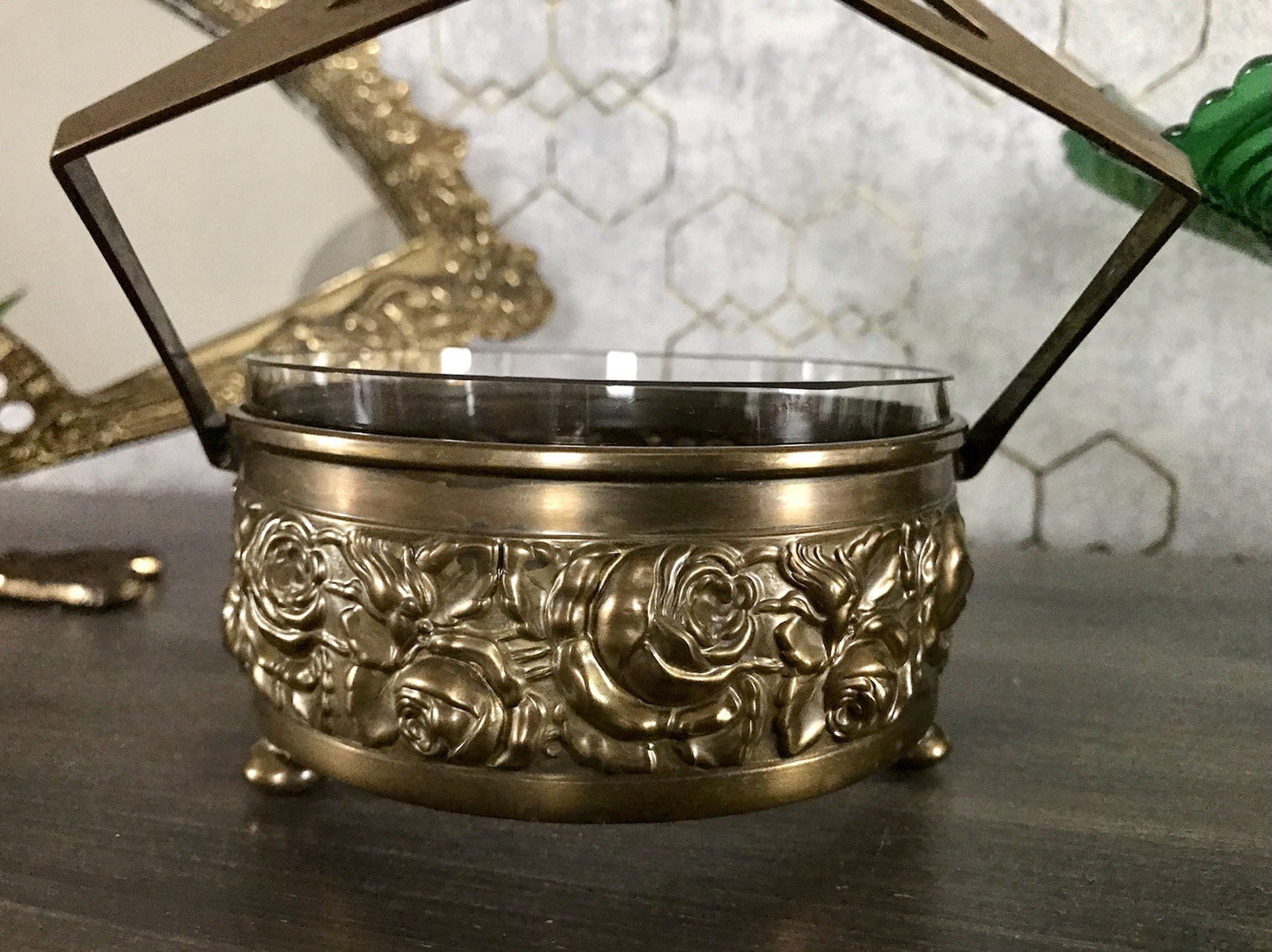 Antik Jugendstil Art  Déco Messing Montur Rosen Schale Bonboniere Glaseinsatz