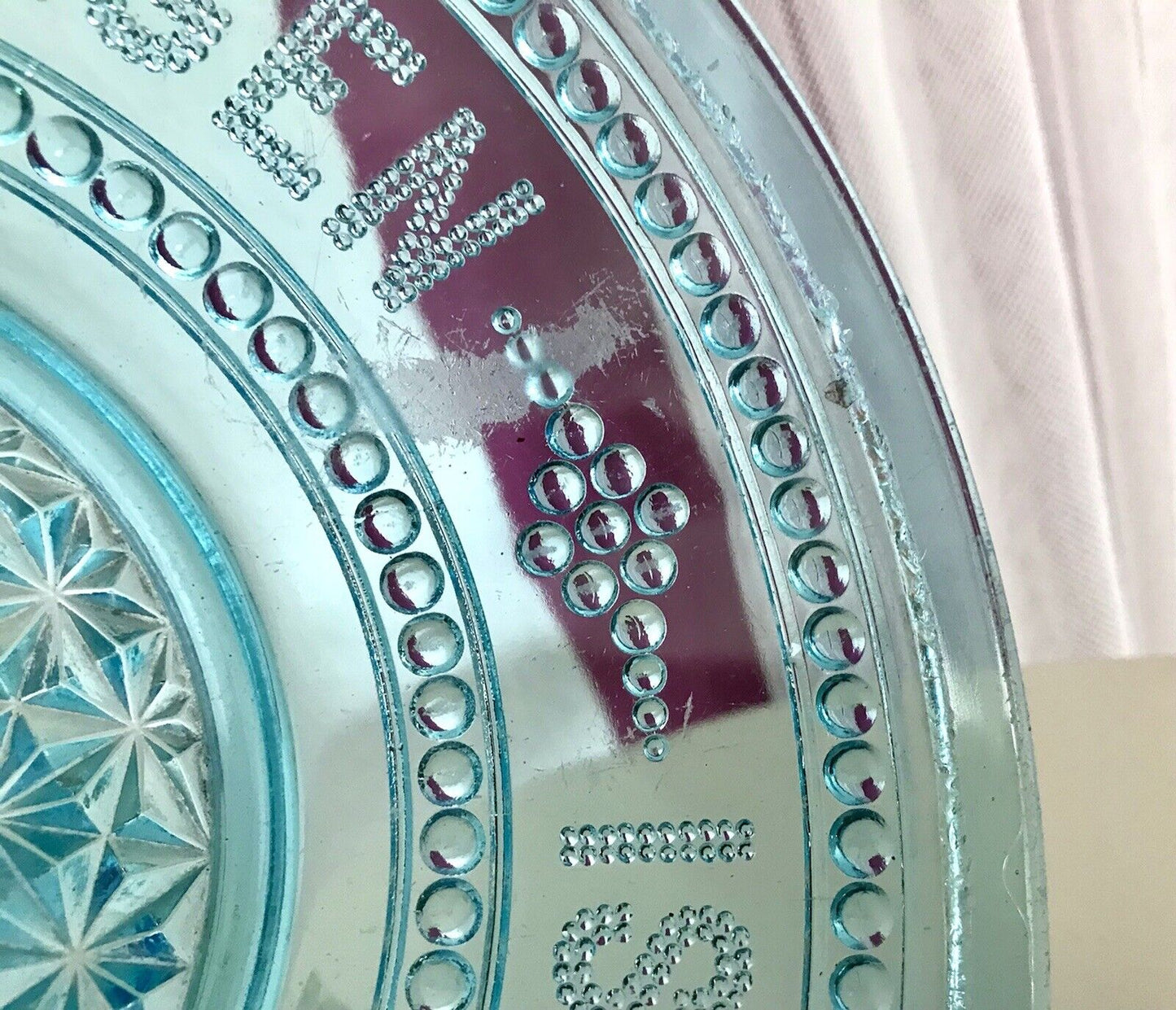 Antik Art Déco Pressglas Schale türkis blau An Gottes Segen ist alles gelegen