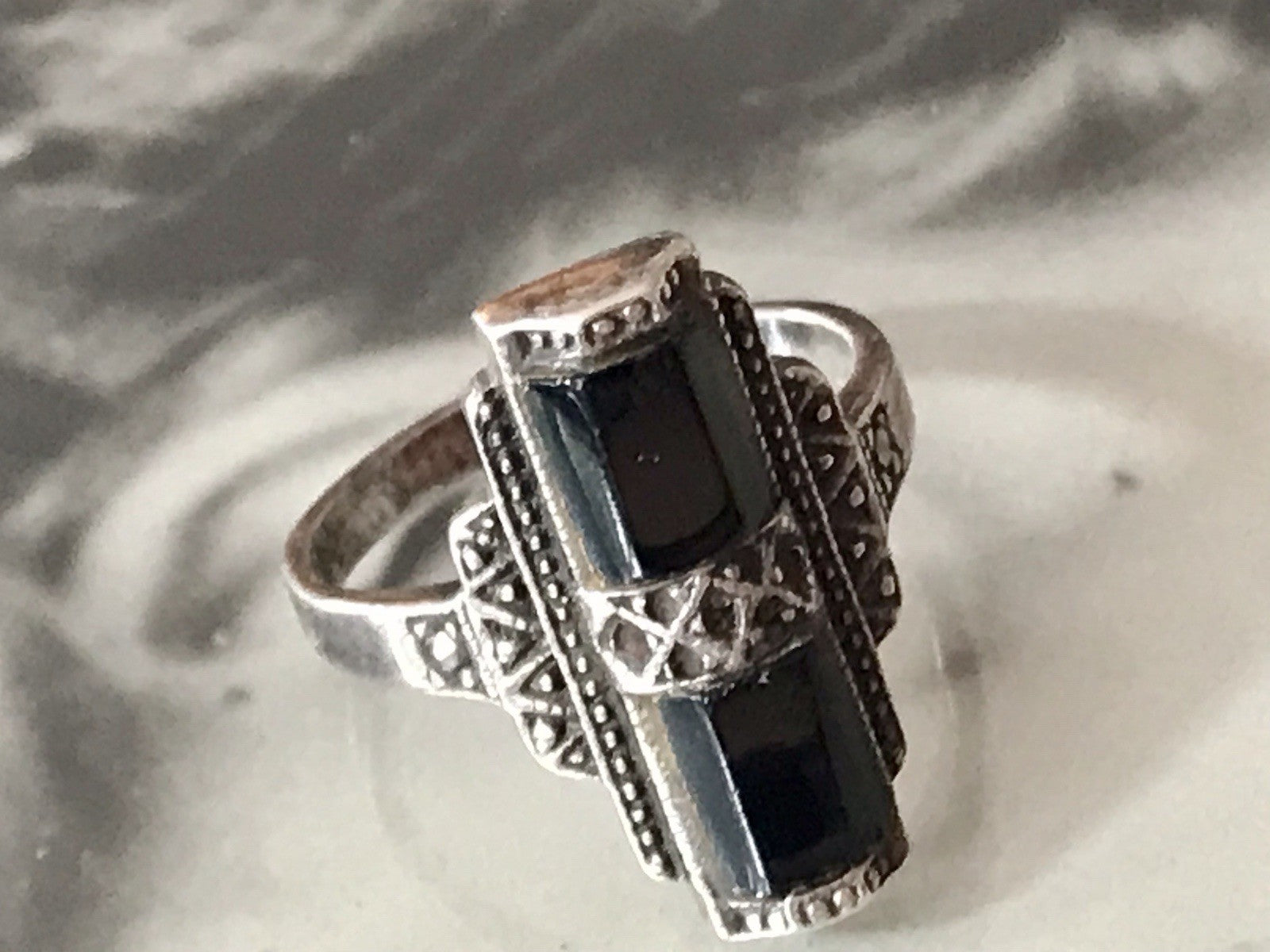 Antik Art Déco Damen Schiffchen Ring Onyx 925 Silber Gr.56 Markasite 18,1