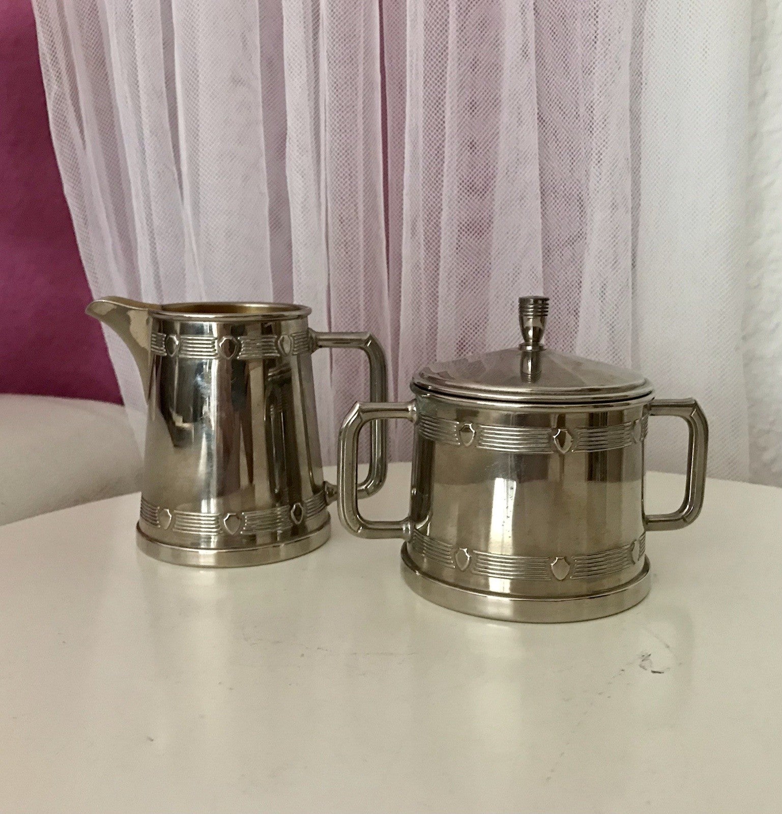 Antik Jugendstil Art Déco Kaffee Kernstück Zuckerdose Rahmgießer verchromt? 2tlg