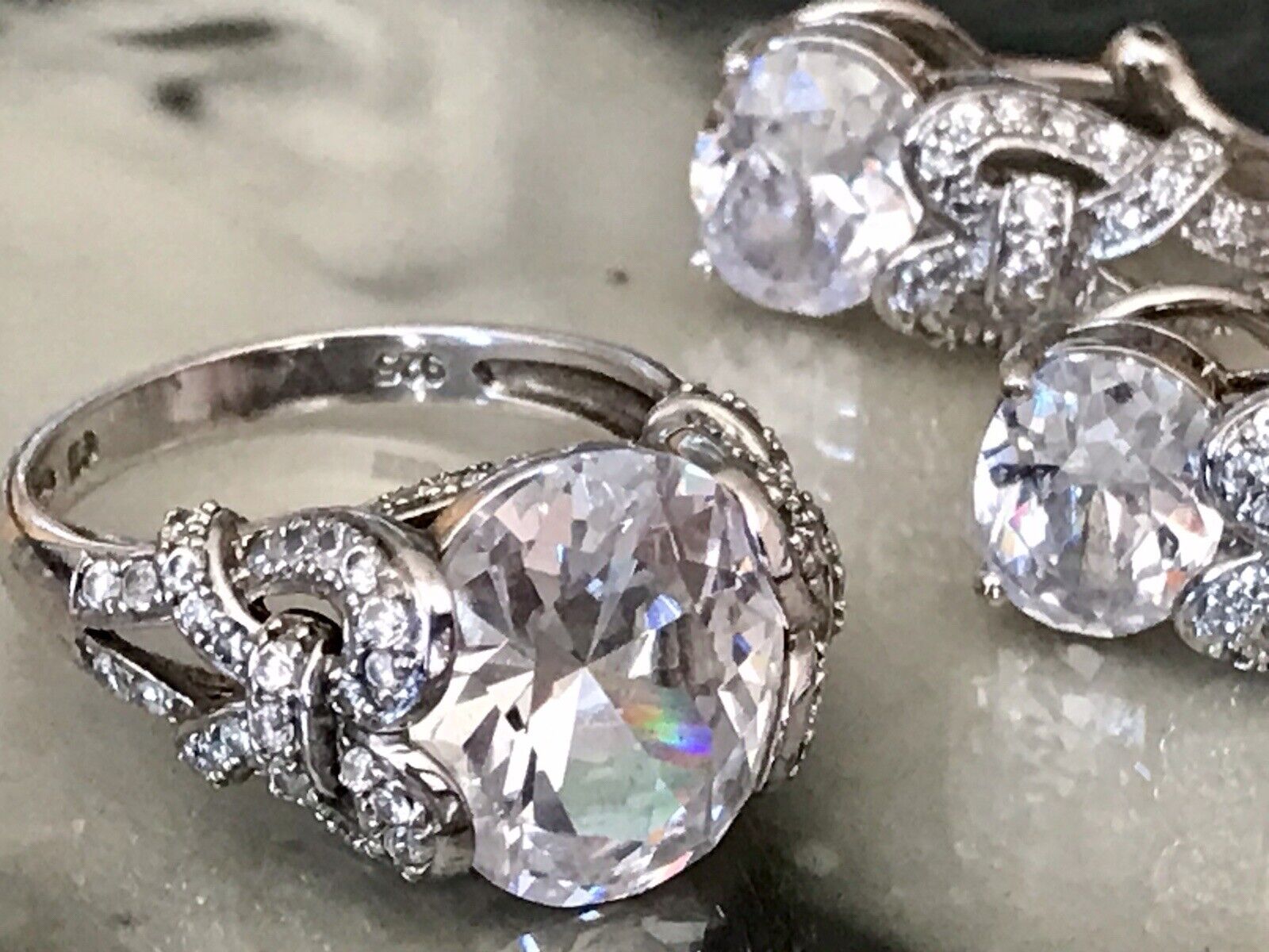 Edel Schmuck Set DAMEN RING & Ohrringe Silber 925 Gr.63 Steine Cubic Zirkonia