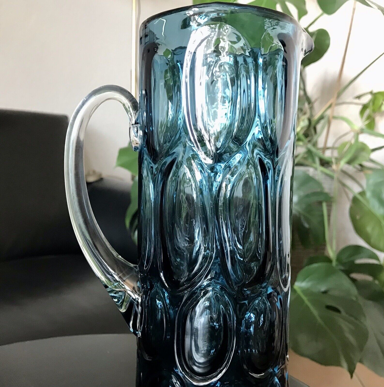 Vintage Designer 60er Krug Kanne Karaffe Space Age Glas Bubble Struktur blau