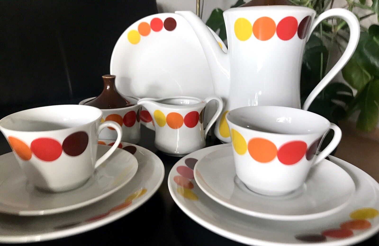 Alt Vintage 70er Seltmann Porzellan Kaffeeservice weiß bunte Kreise 6 Personen