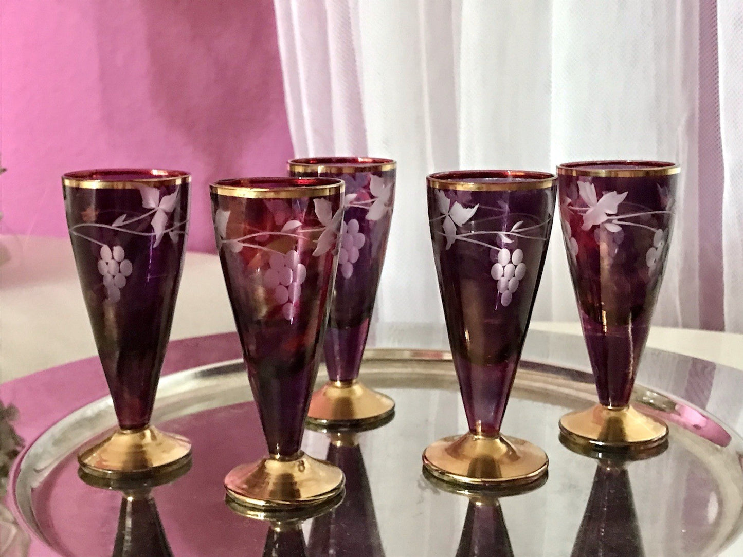 Antik Jugendstil Art Déco 5 Pinnchen Schnapsgläser Golddekor Gläser Schliff ROT