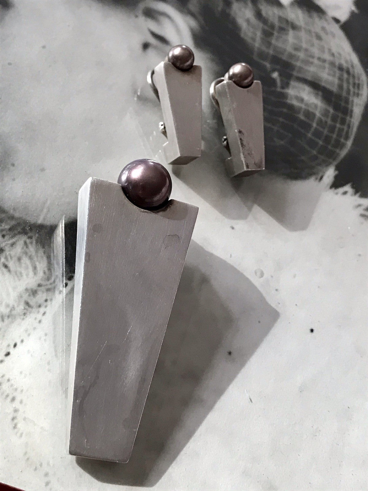 Damen Set Designer Schmuck Anhänger Ohrringe Silber 925 NW modernistisch Perle