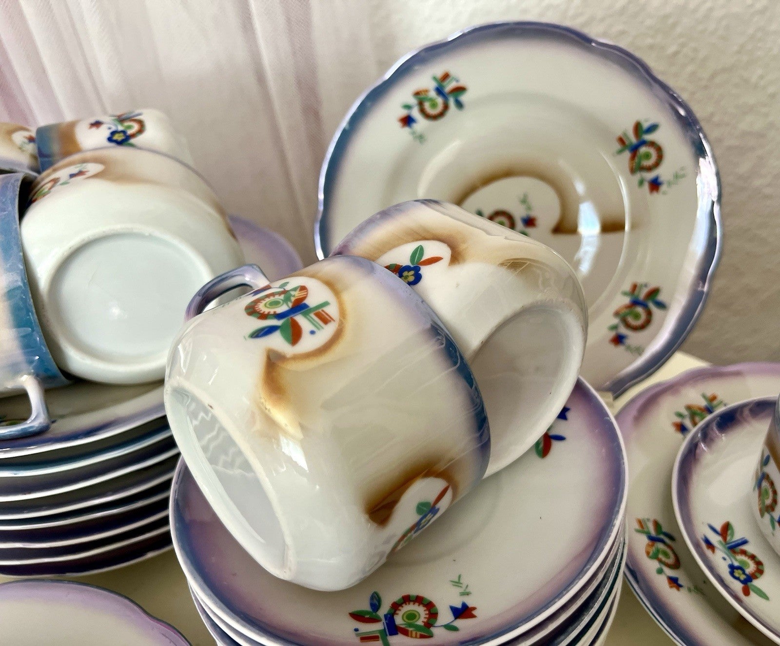 Antik Art Déco Porzellan Kaffeeservice Spritzdekor Teeservice 9 Pers. plus
