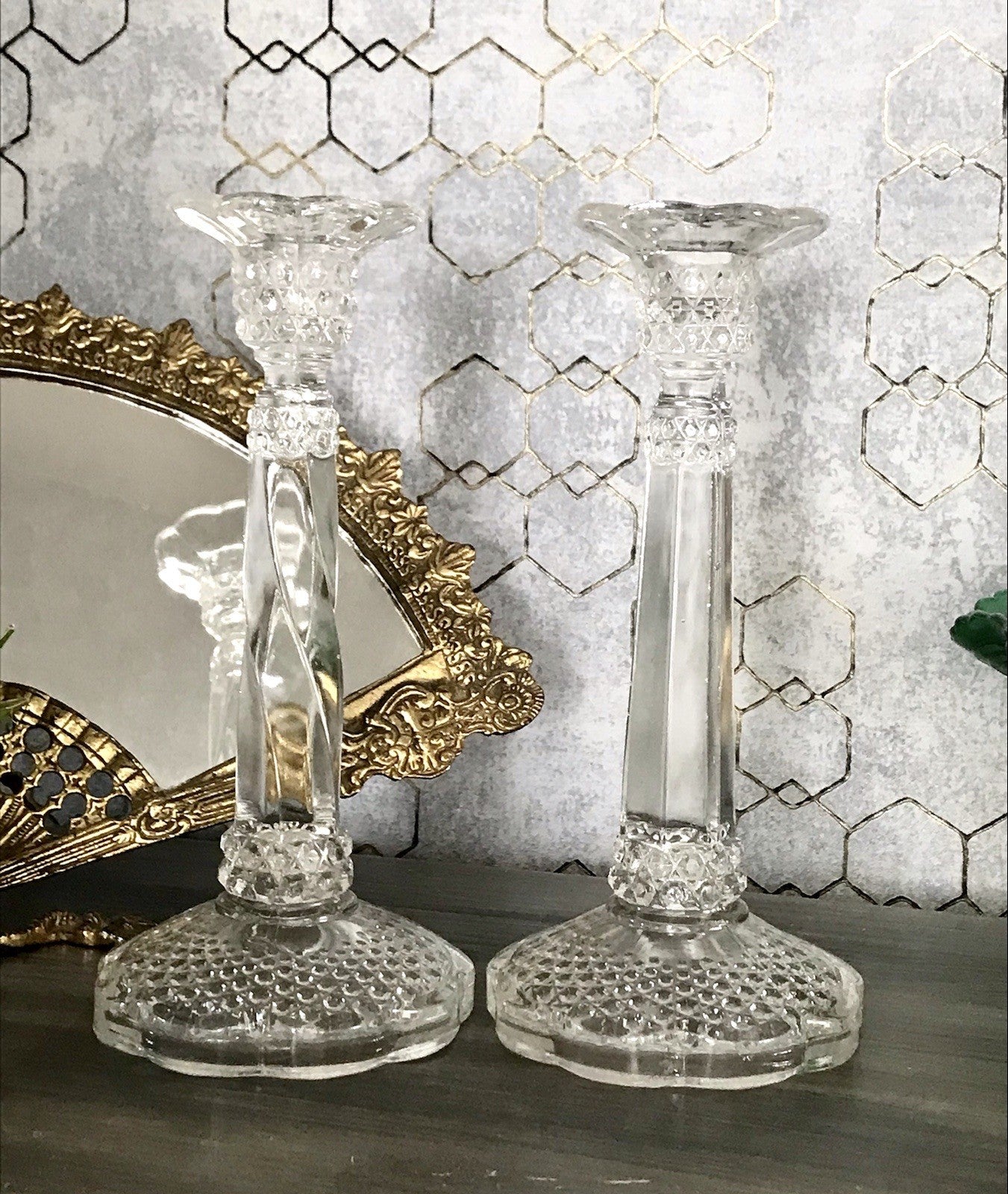 Antik Art Déco 2x Kerzenleuchter Leuchter Kerzenständer Pressglas Glas