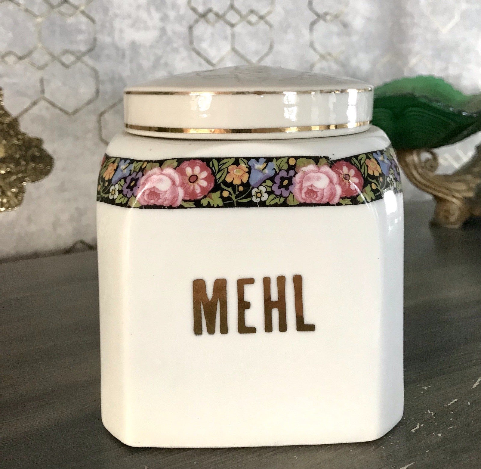 Antik Porzellan Dose Vorratsgefäß Vorratsdose Mehl Blumenborte Art Déco