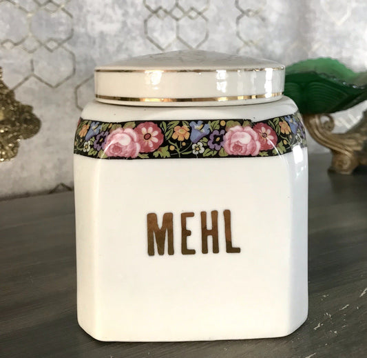 Antik Porzellan Dose Vorratsgefäß Vorratsdose Mehl Blumenborte Art Déco