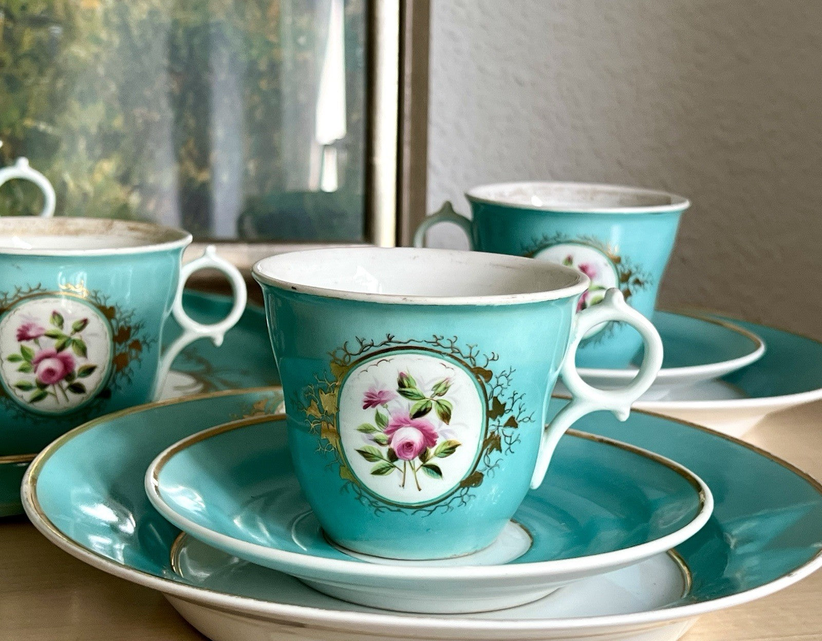 Antik 1870-1900 Porzellan Kaffeeservice 6 Pers. Carl Tielsch Altwasser türkis
