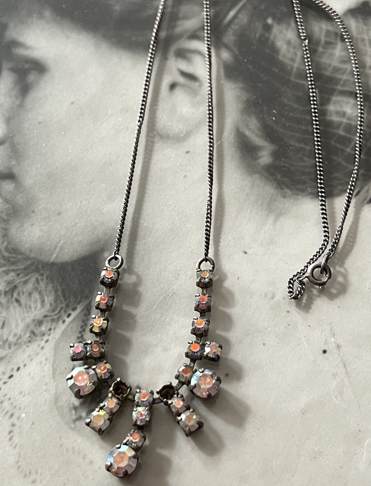 Vintage Antik? 835 Silber Collier Halskette Aurora Borealis? Steine