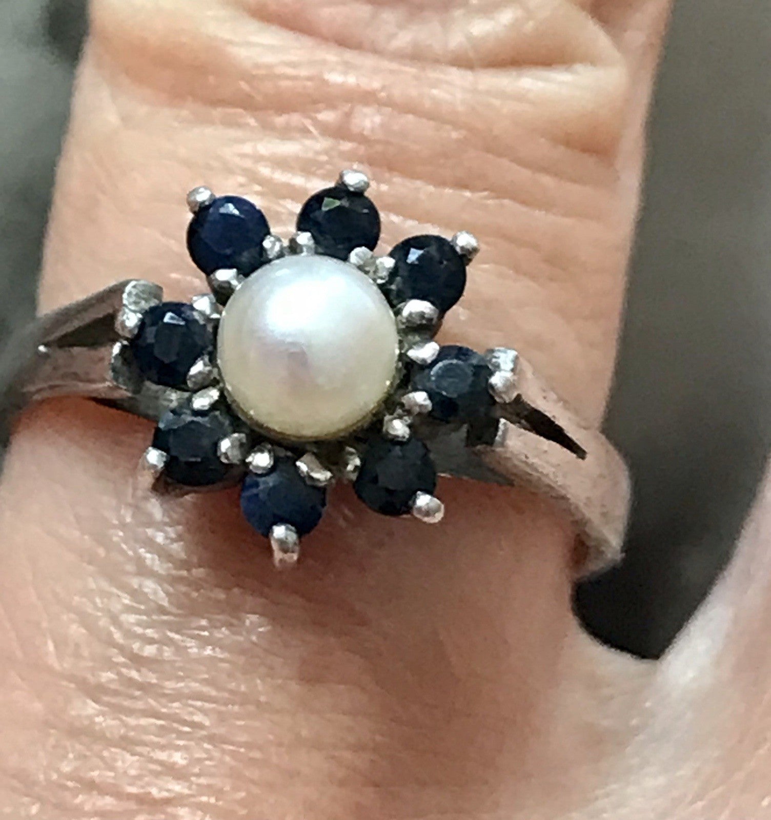 Antik? Vintage Art Déco Damen Ring Perle Spinell ? Saphir? Silber 925 Gr.57 18,1