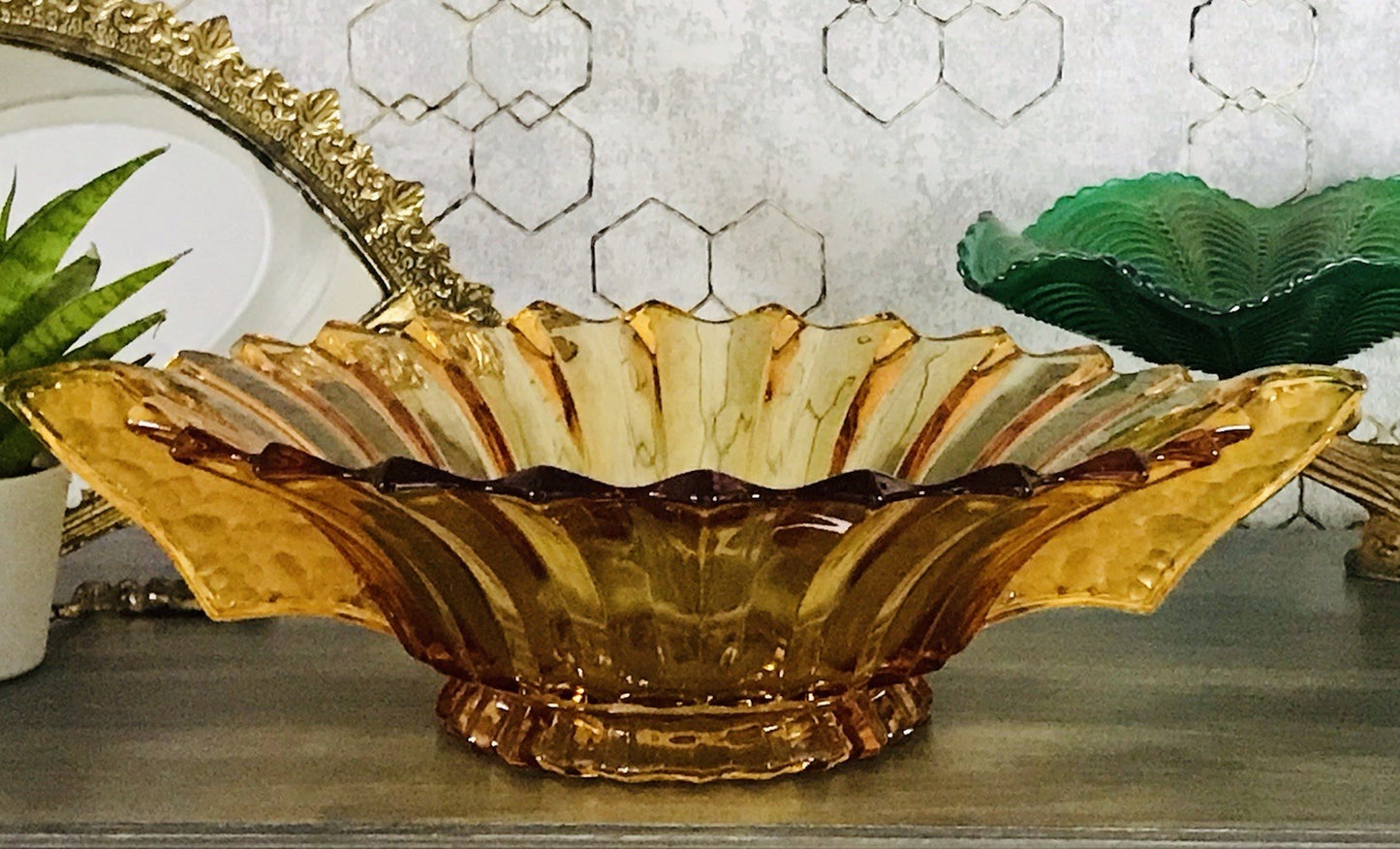 Antik Art Déco gelb Pressglas Schale Glas Brockwitz Prismen Fruchtschale 1941