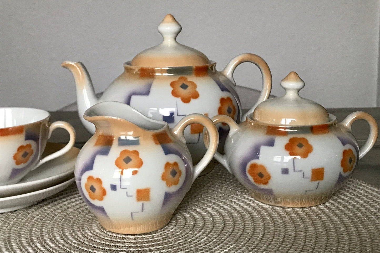 Antik Art Déco Porzellan Kaffeeservice Spritzdekor Moccaservice