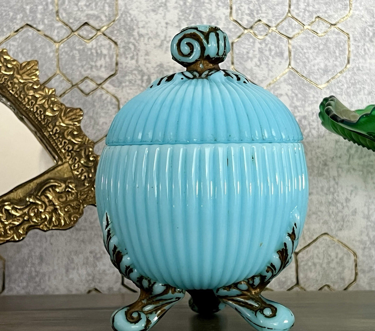 Antik Jugendstil Glasdose Kugel Dose Opalglas Deckeldose blau Pressglas SCHÖN!