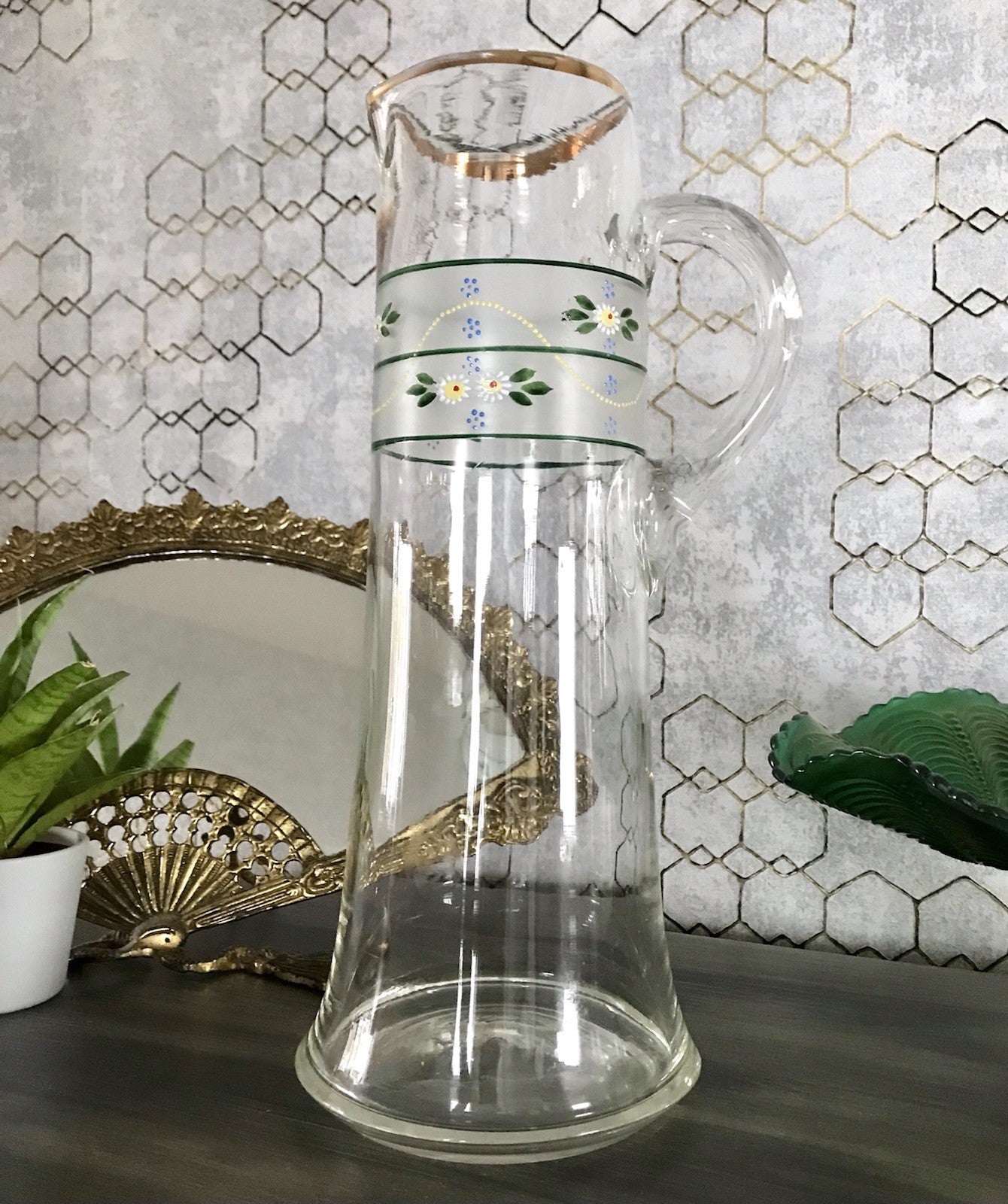 Antik Jugendstil große Karaffe Krug Schankkrug Emaile Golddekor Kanne