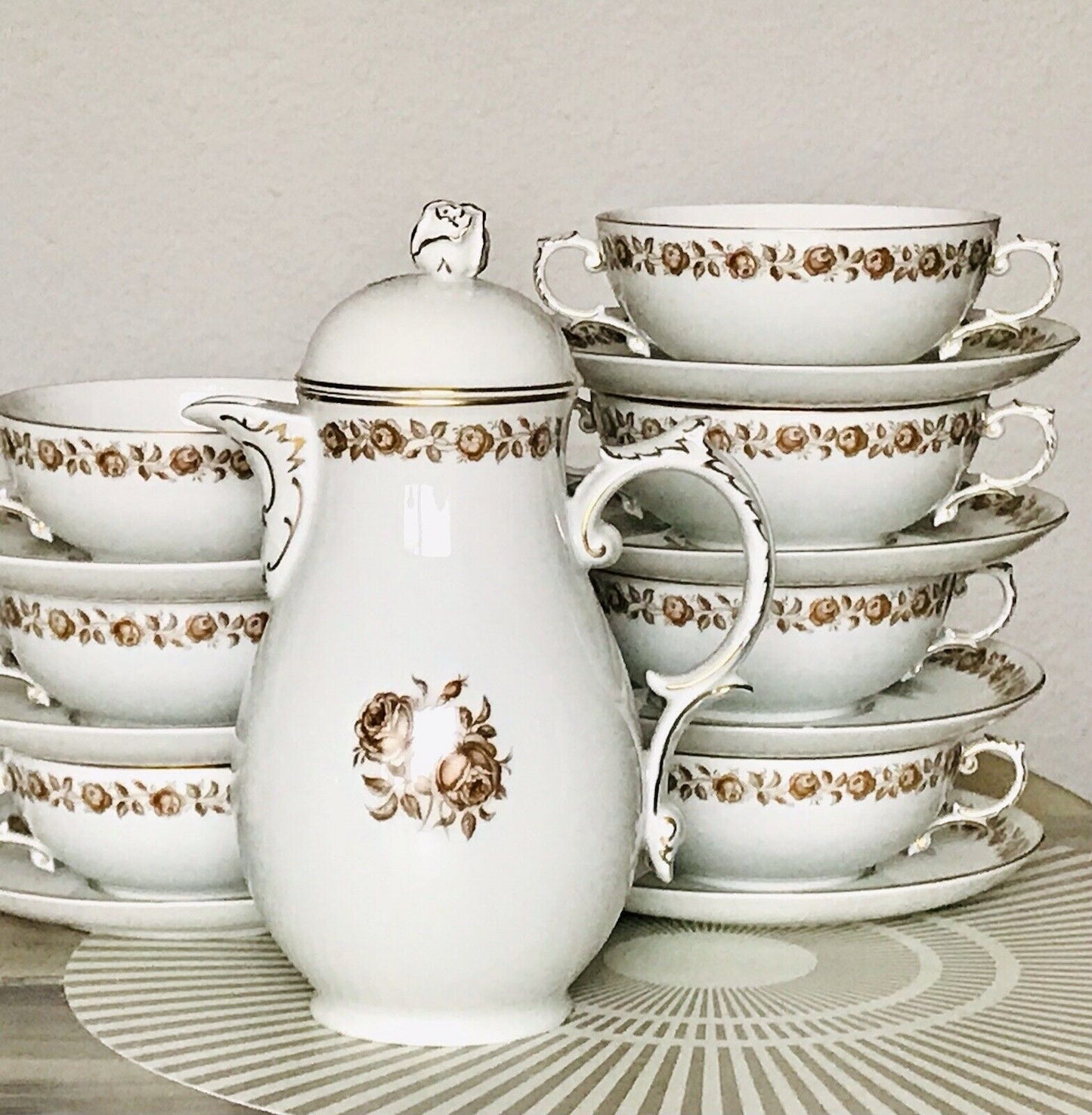 Vintage Porzellan Kaffeekanne Fürstenberg braune Rosenkante