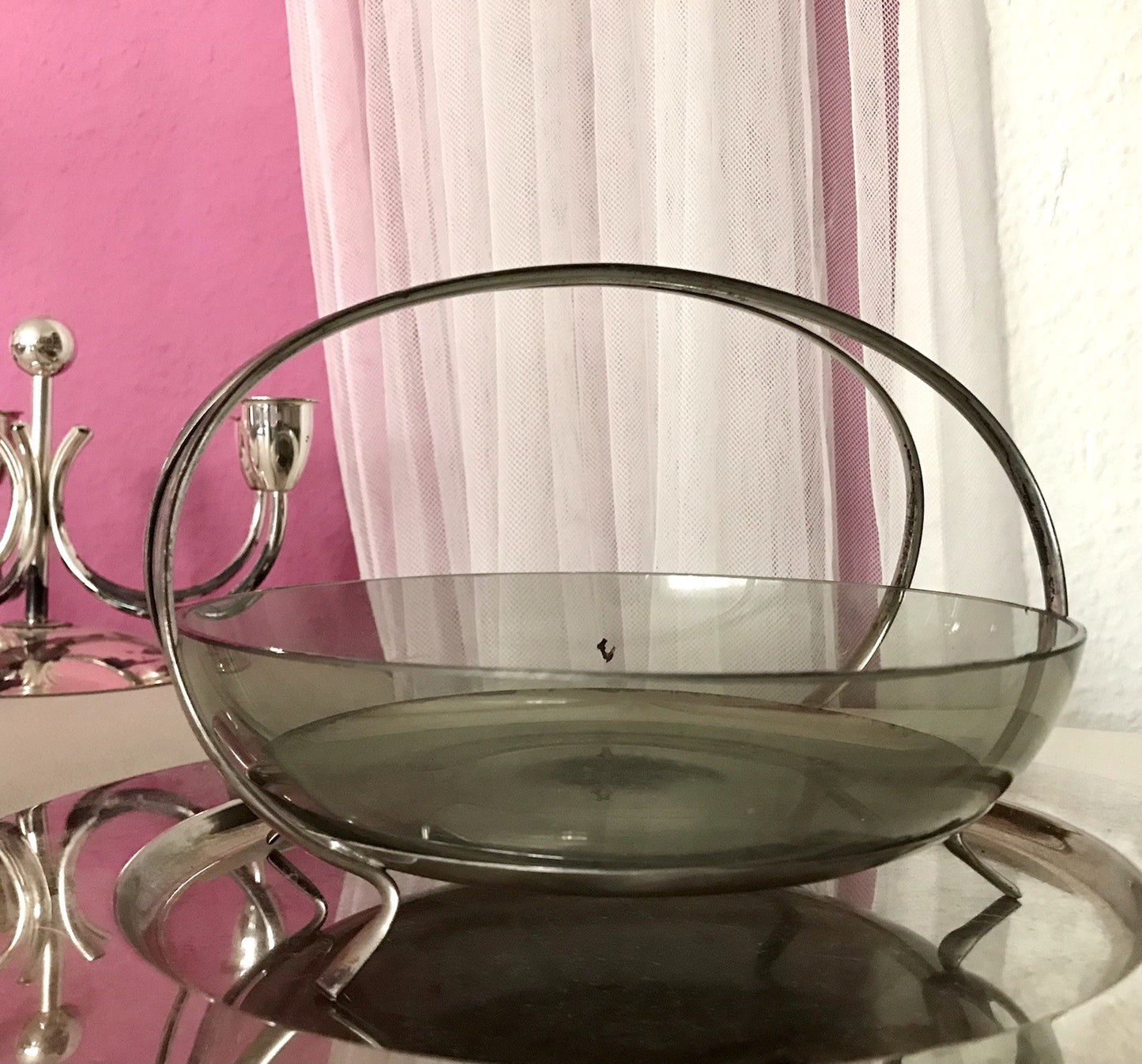 WMF ? Vintage Schale versilbert 50er 60er Mid Century Rauchglas Einsatz MCM