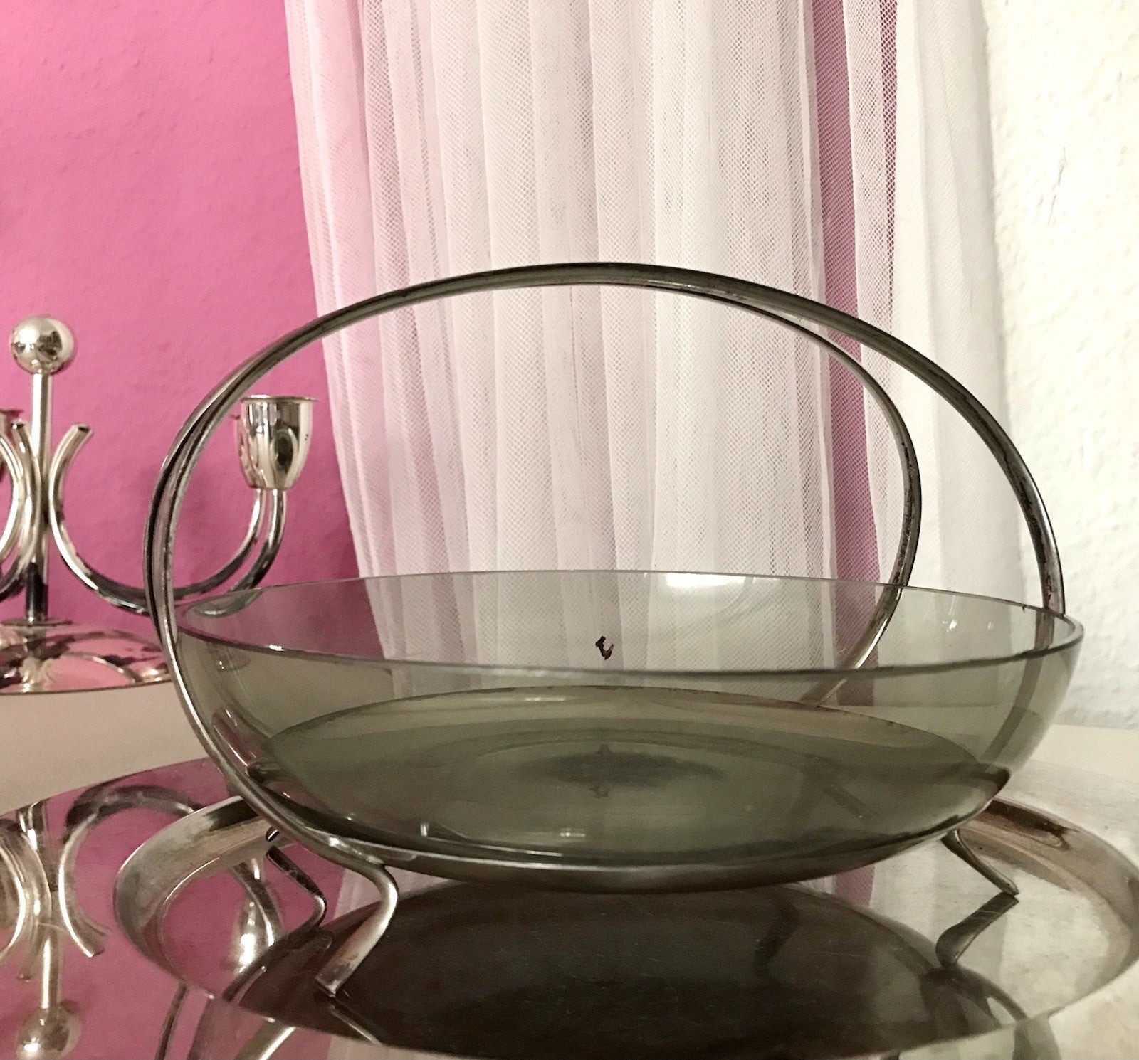 WMF ? Vintage Schale versilbert 50er 60er Mid Century Rauchglas Einsatz MCM
