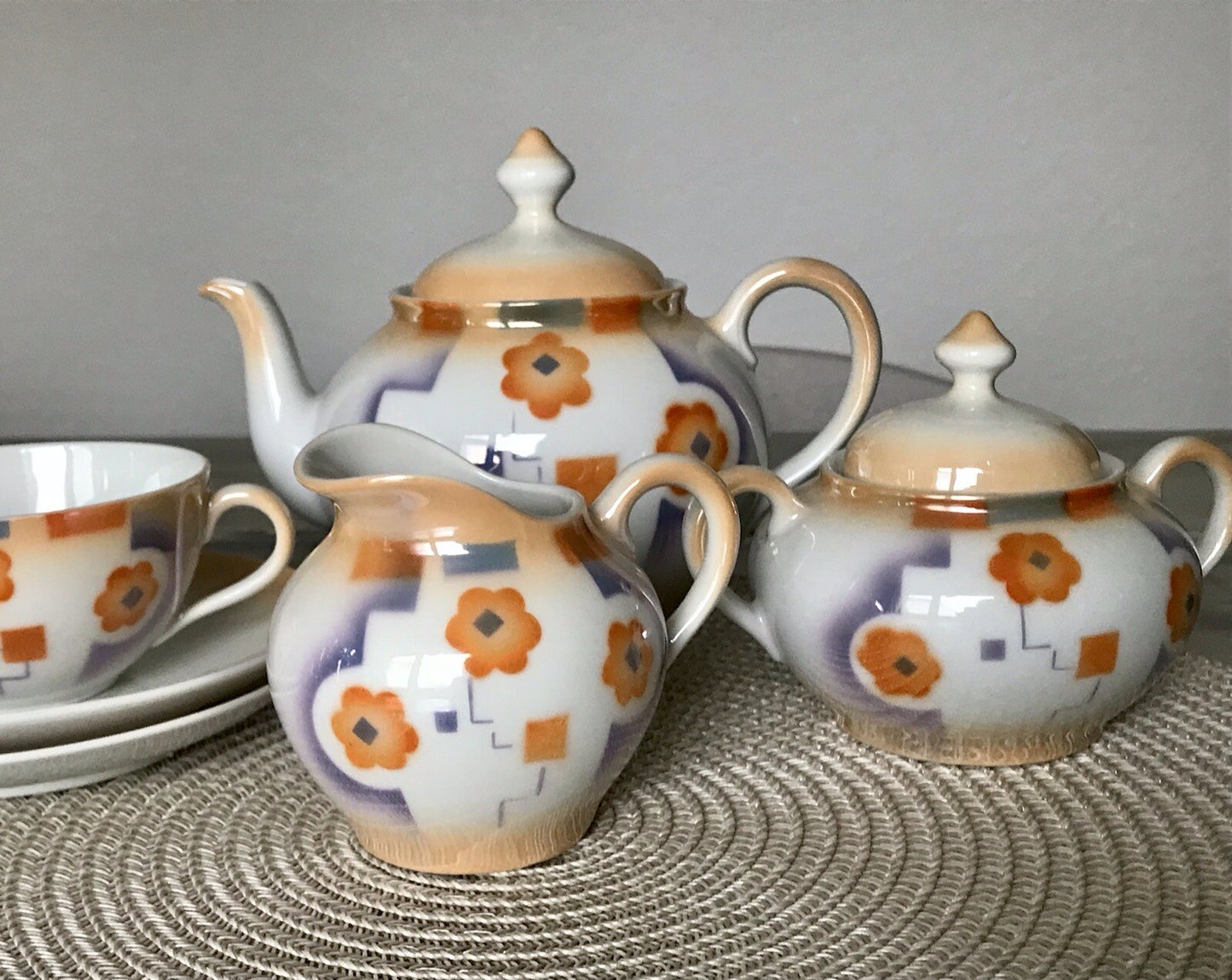 Antik Art Déco Porzellan Kaffeeservice Spritzdekor Moccaservice