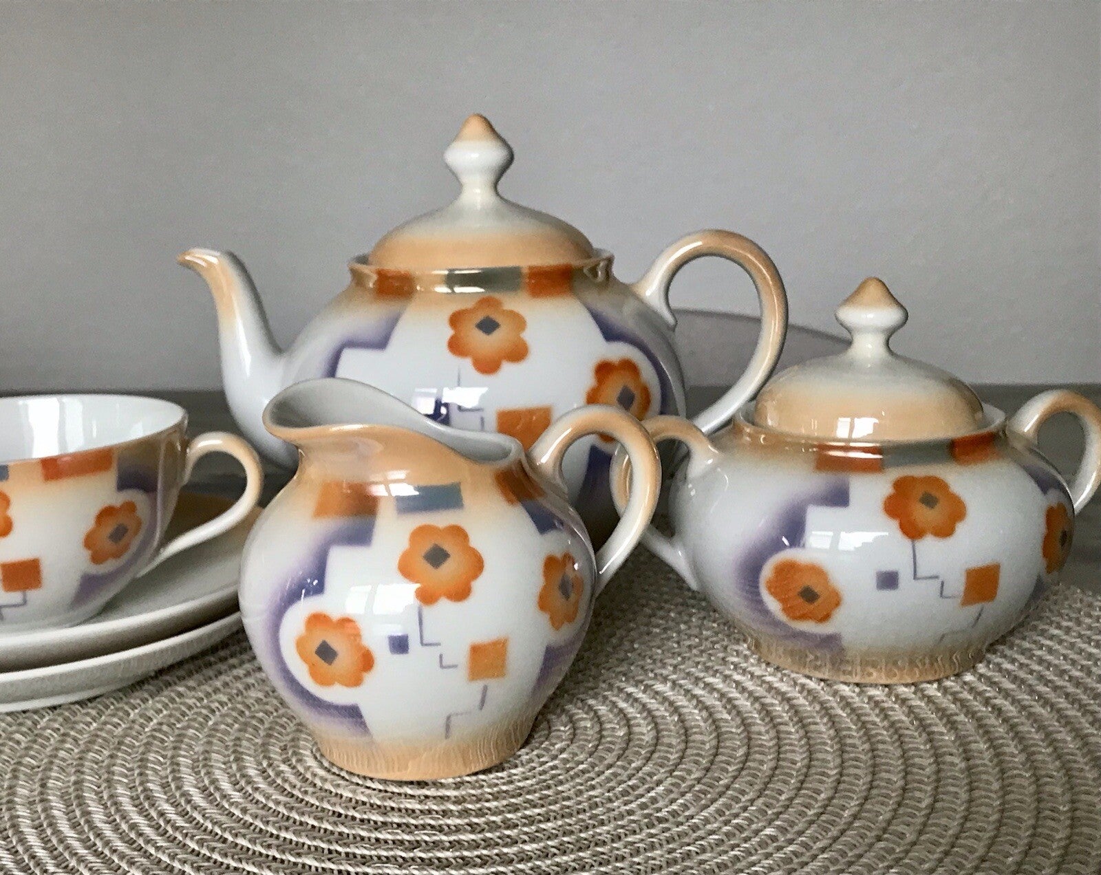 Antik Art Déco Porzellan Kaffeeservice Spritzdekor Moccaservice