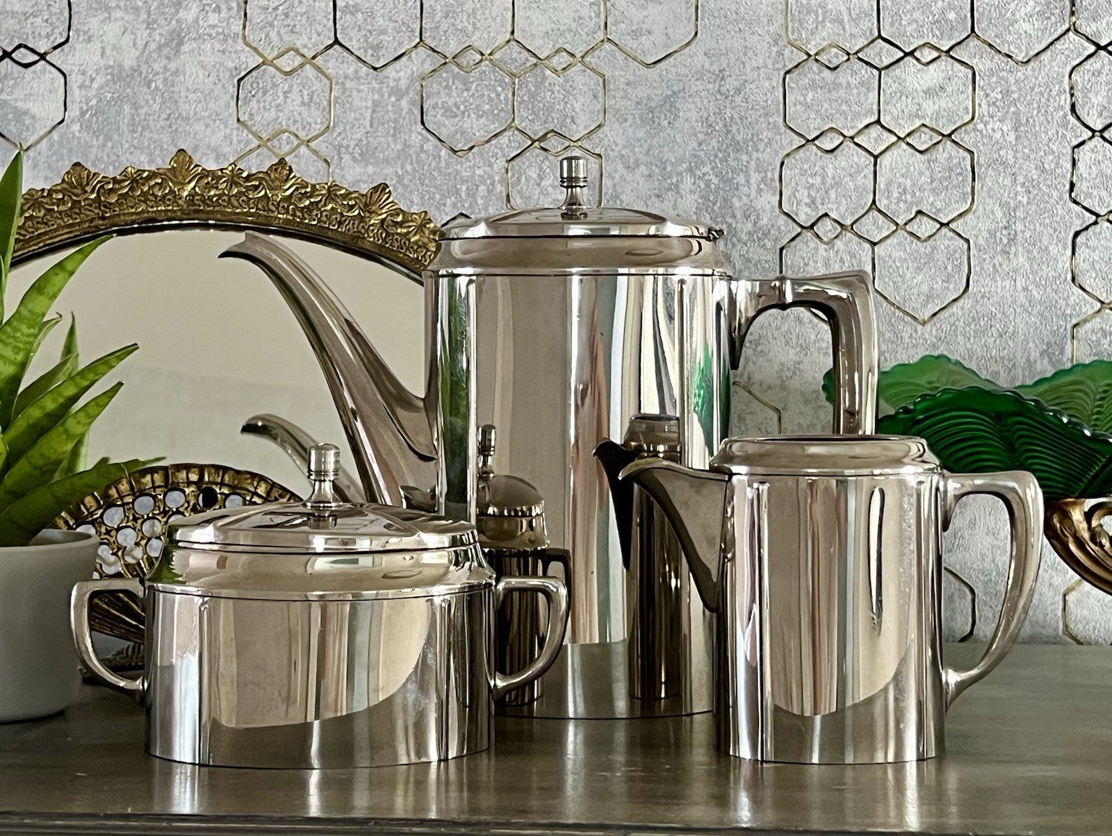 Antik Jugendstil Kaffee Kernstück Zuckerdose Rahmgießer Kanne vernickelt?