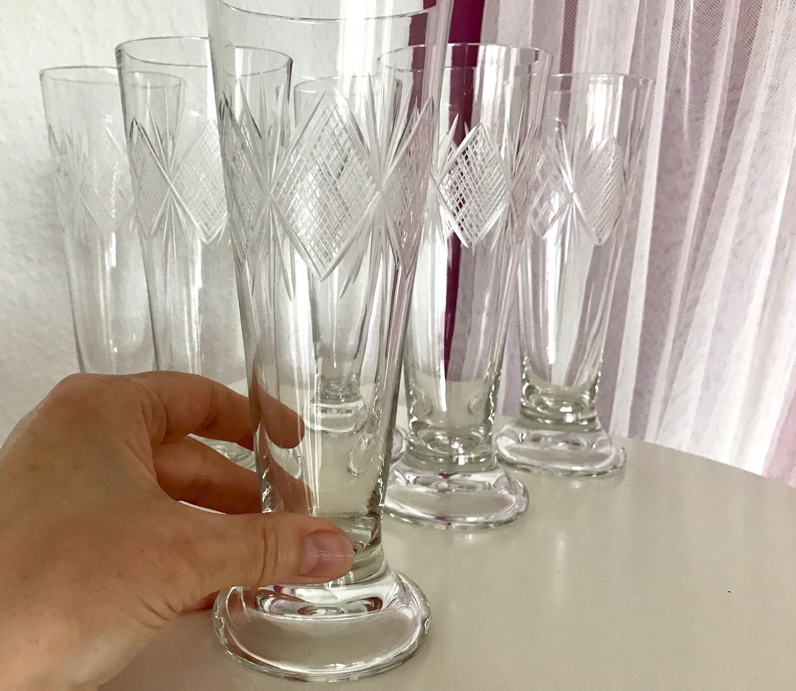 Antik 6x Fußbecher Fußrand-Becher mundgebl. Pokalgläser Kristallglas? Schliff