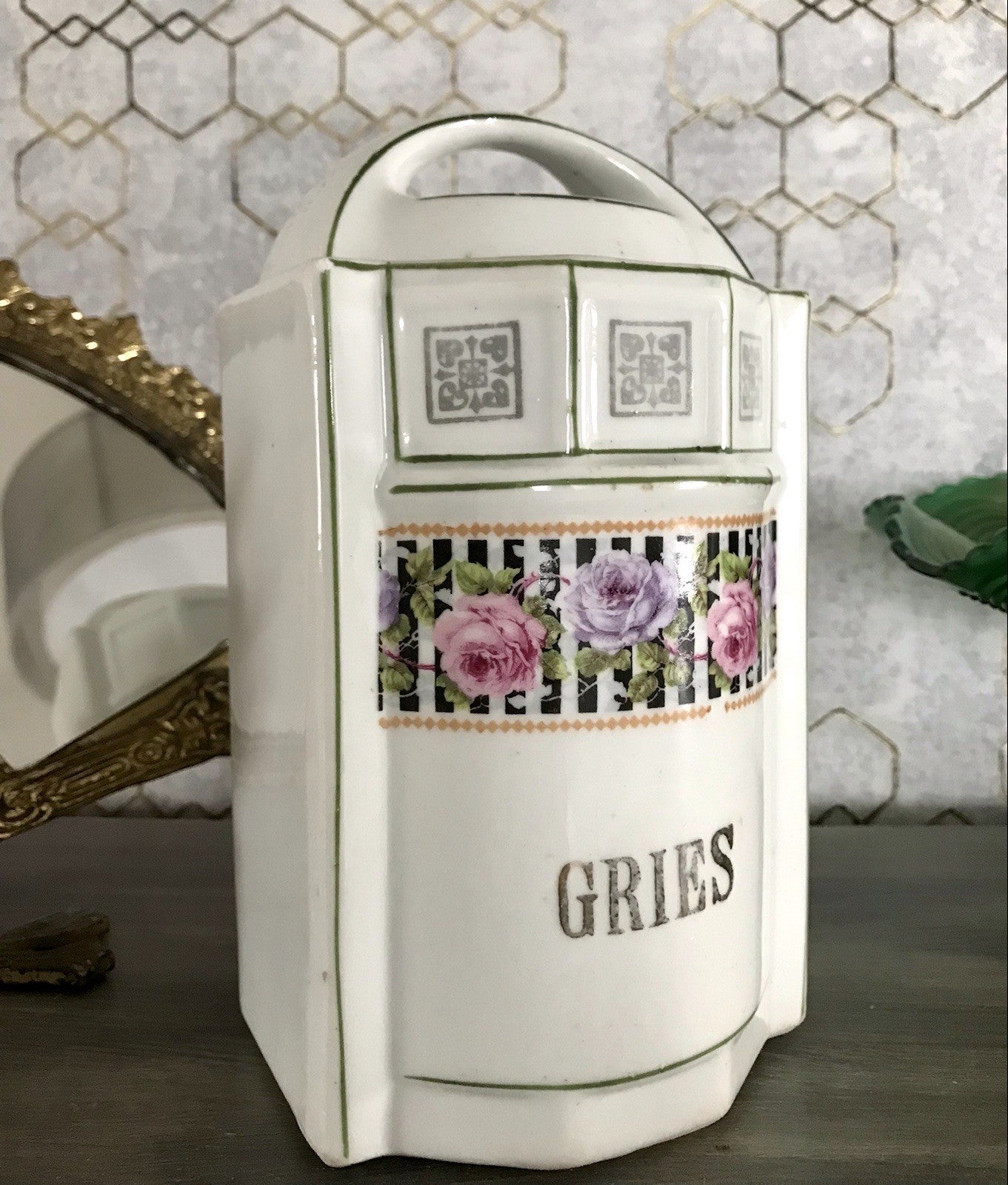 Antik Porzellan Dose Vorratsgefäß Vorratsdose Gries Rosen Jugendstil Art Déco
