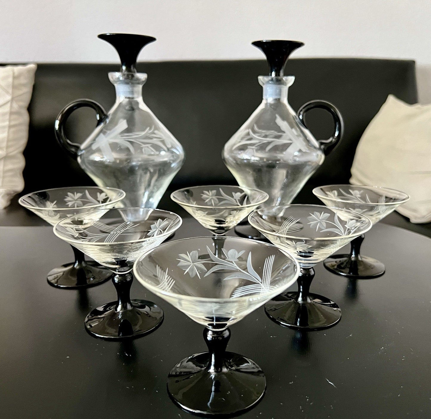Antik Art Déco Likör 2x Karaffe & 6 Gläser Likörschalen Glas schwarz Stiel