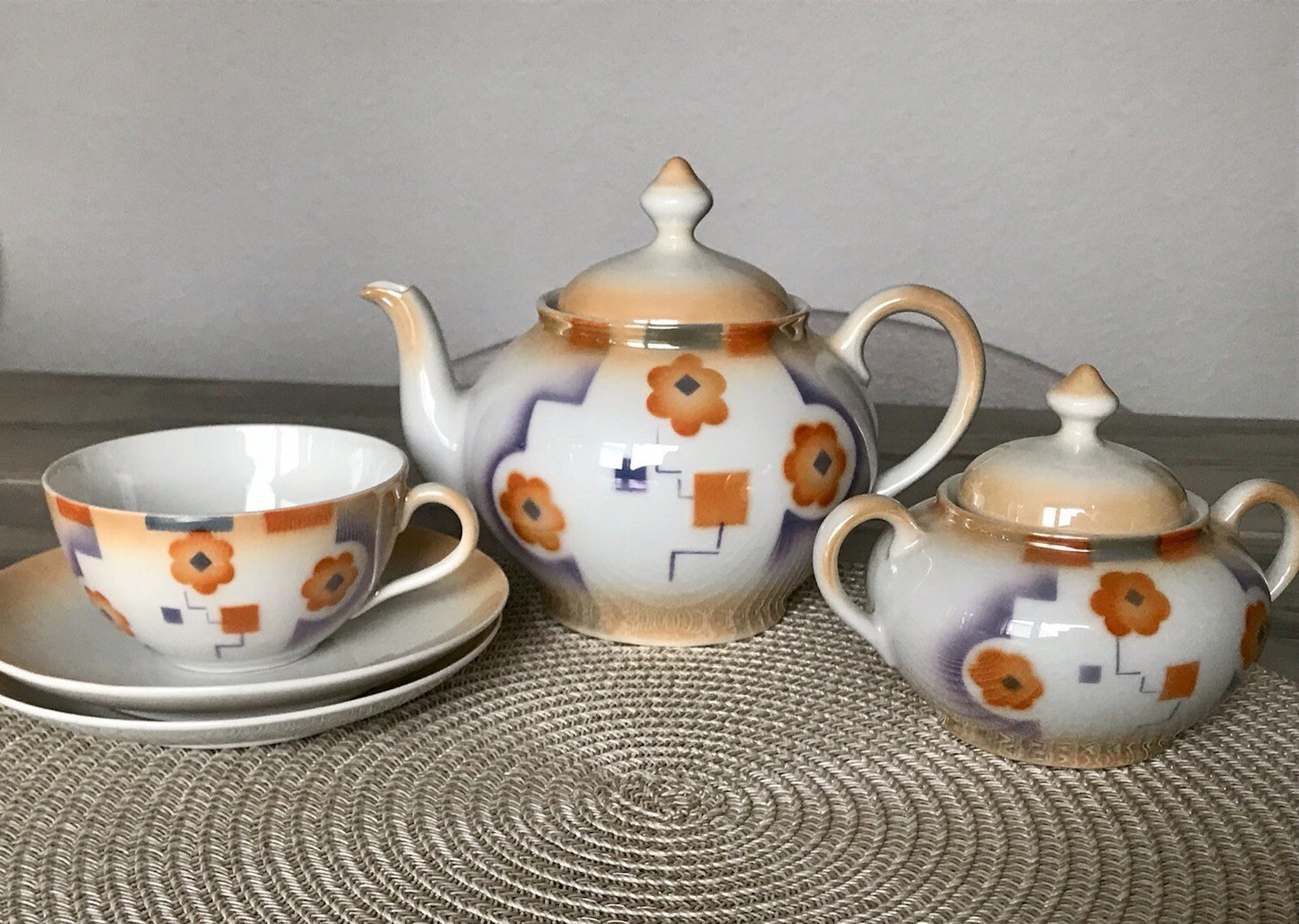 Antik Art Déco Porzellan Kaffeeservice Spritzdekor Moccaservice