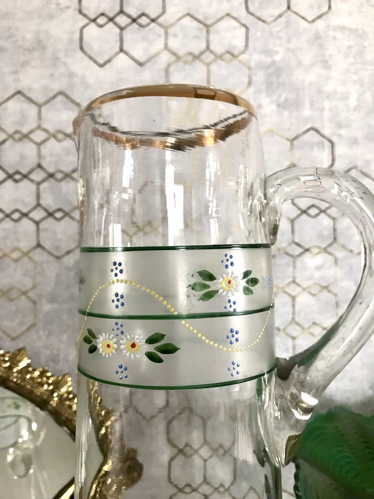 Antik Jugendstil große Karaffe Krug Schankkrug Emaile Golddekor Kanne