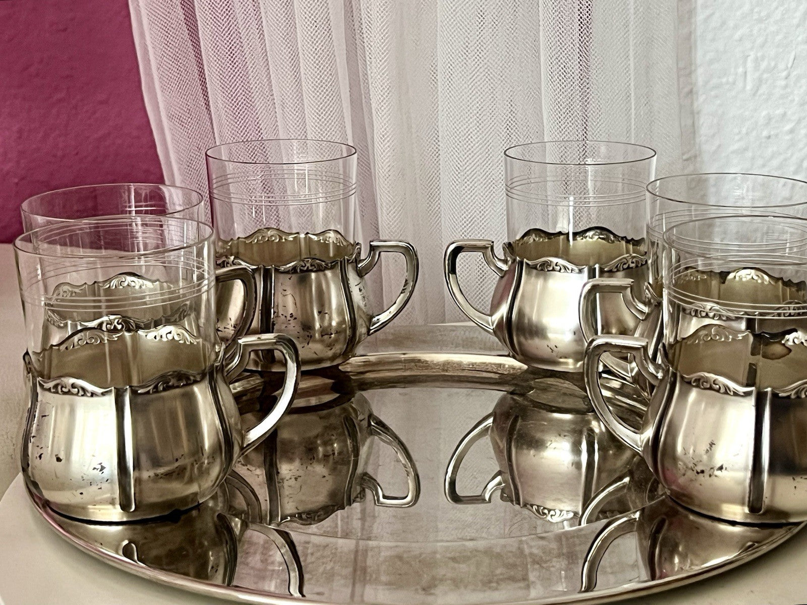 Antik WMF 6 Teeglashalter &6 Glaseinsätze Versilbert Art Déco  3x Straußenmarke