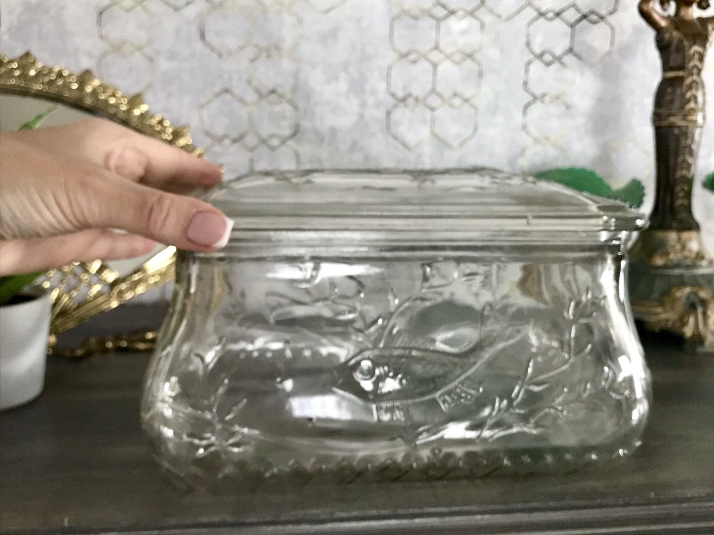 Antik Art Déco Deckeldose Dose Glasdose Pressglas Haribo Lakritze Fischmuster