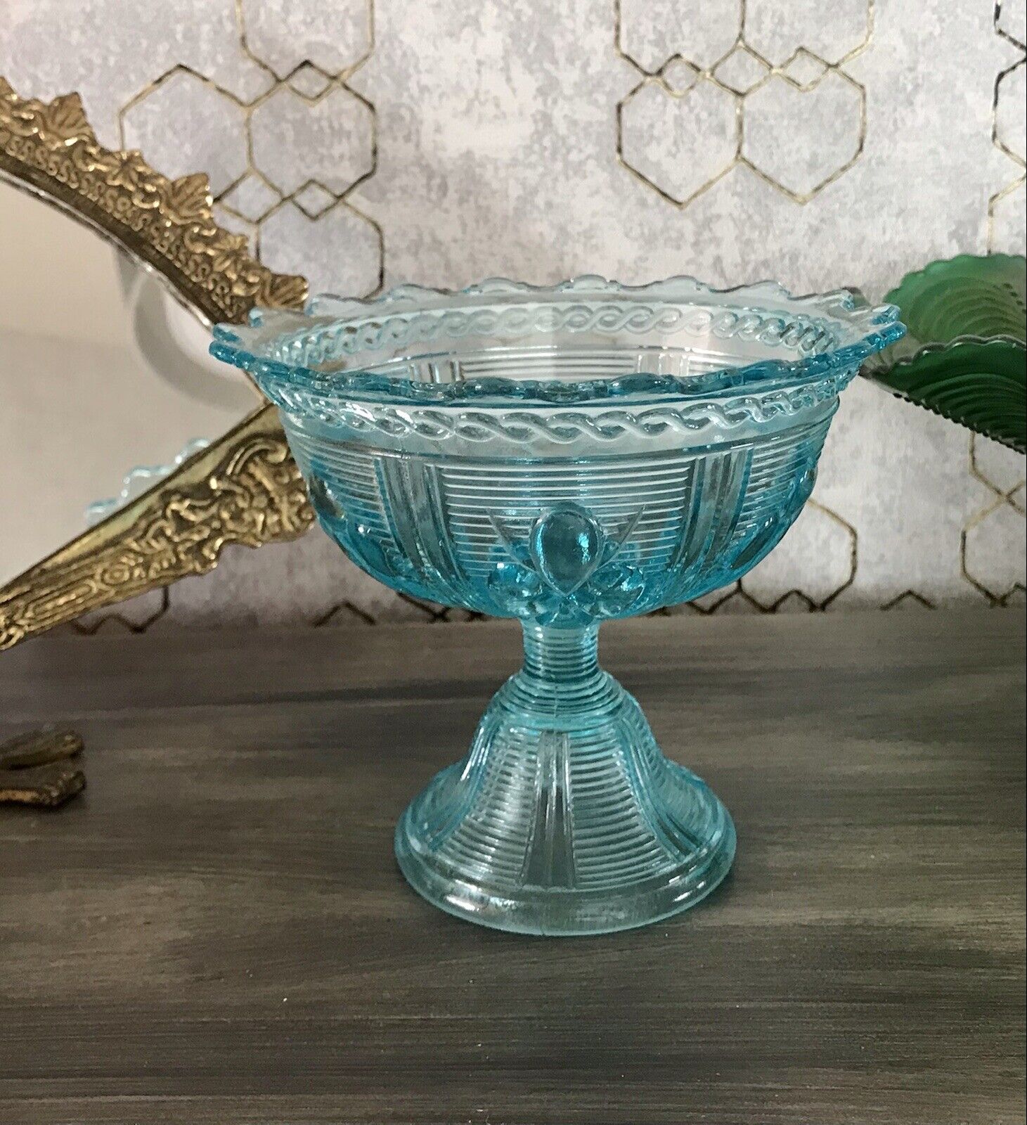 Antik Jugendstil Art Déco Pressglas Schale Fußschale Zuckerschale blau türkis