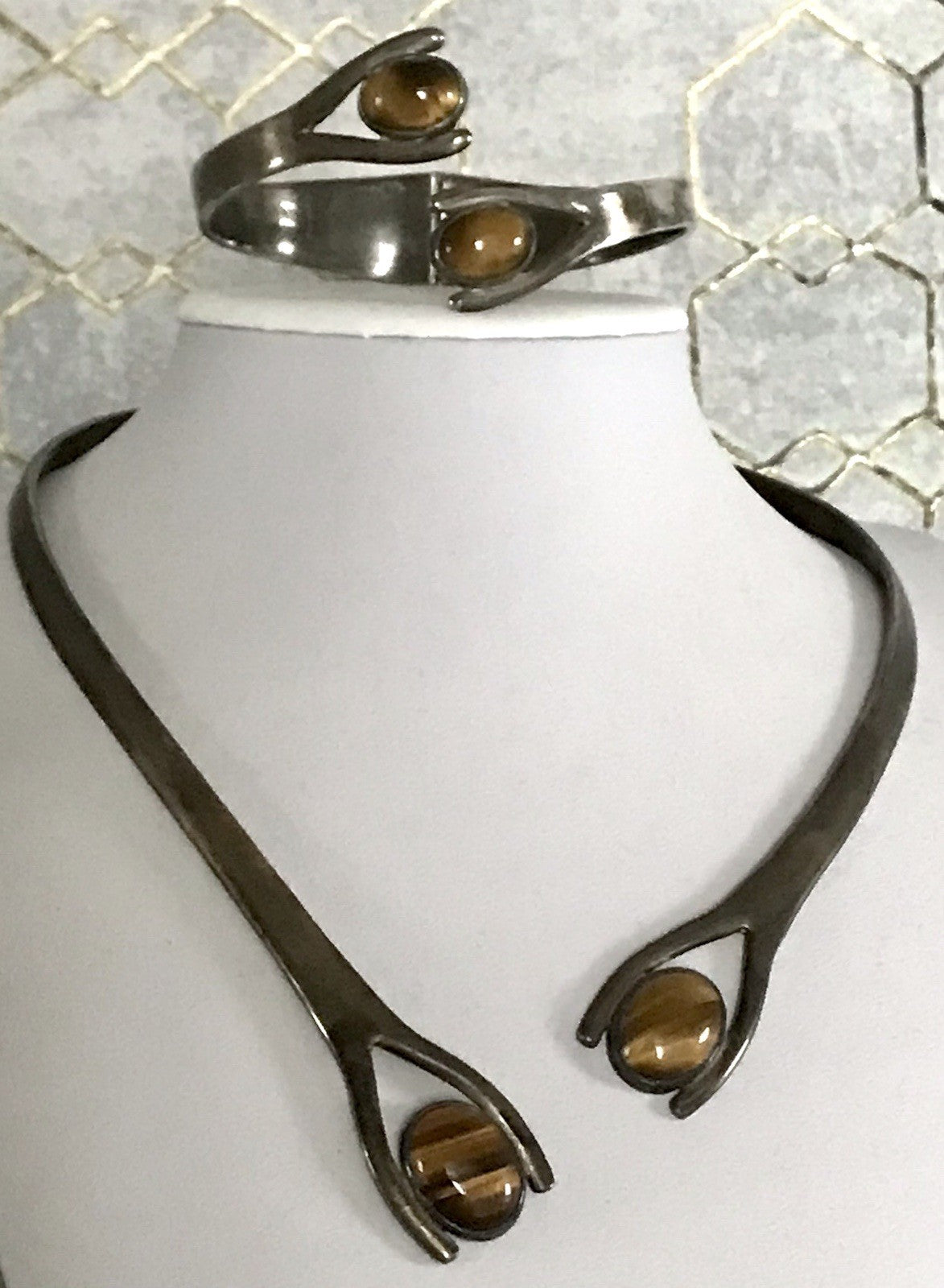 Vintage Set Halsreif Armspange Armband Collier 925 Silber Halskette Tigerauge