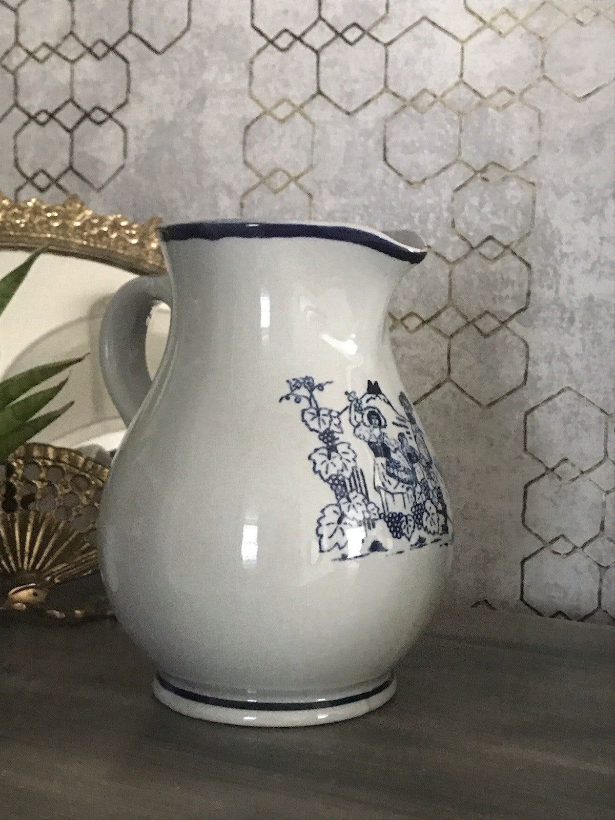 Antik Vintage alt Schankkrug Keramik Steinzeug Weinkrug Kanne grau blau Weinlese