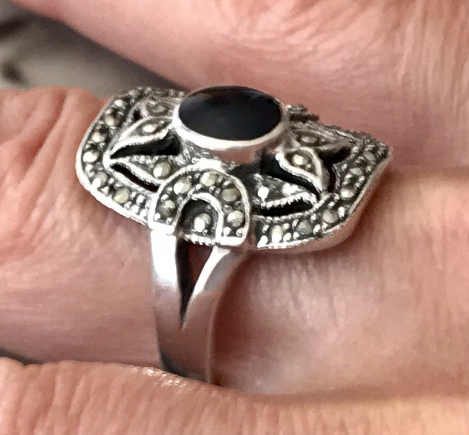 Antik Art Déco Damen Schiffchen Ring 925 Silber Gr.60 Onyx Markasite