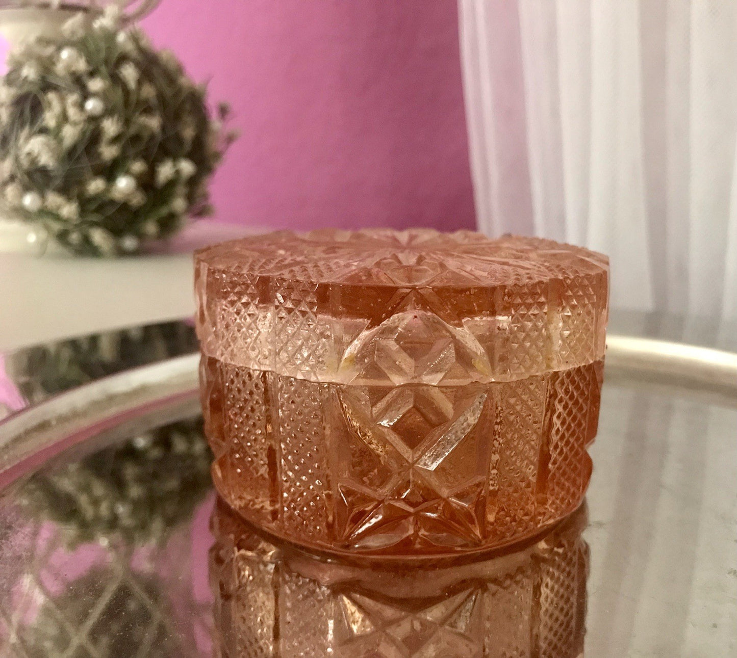 Antik Art Déco Dose Deckeldose Zierdose Pressglas Rosalin rosa Glas
