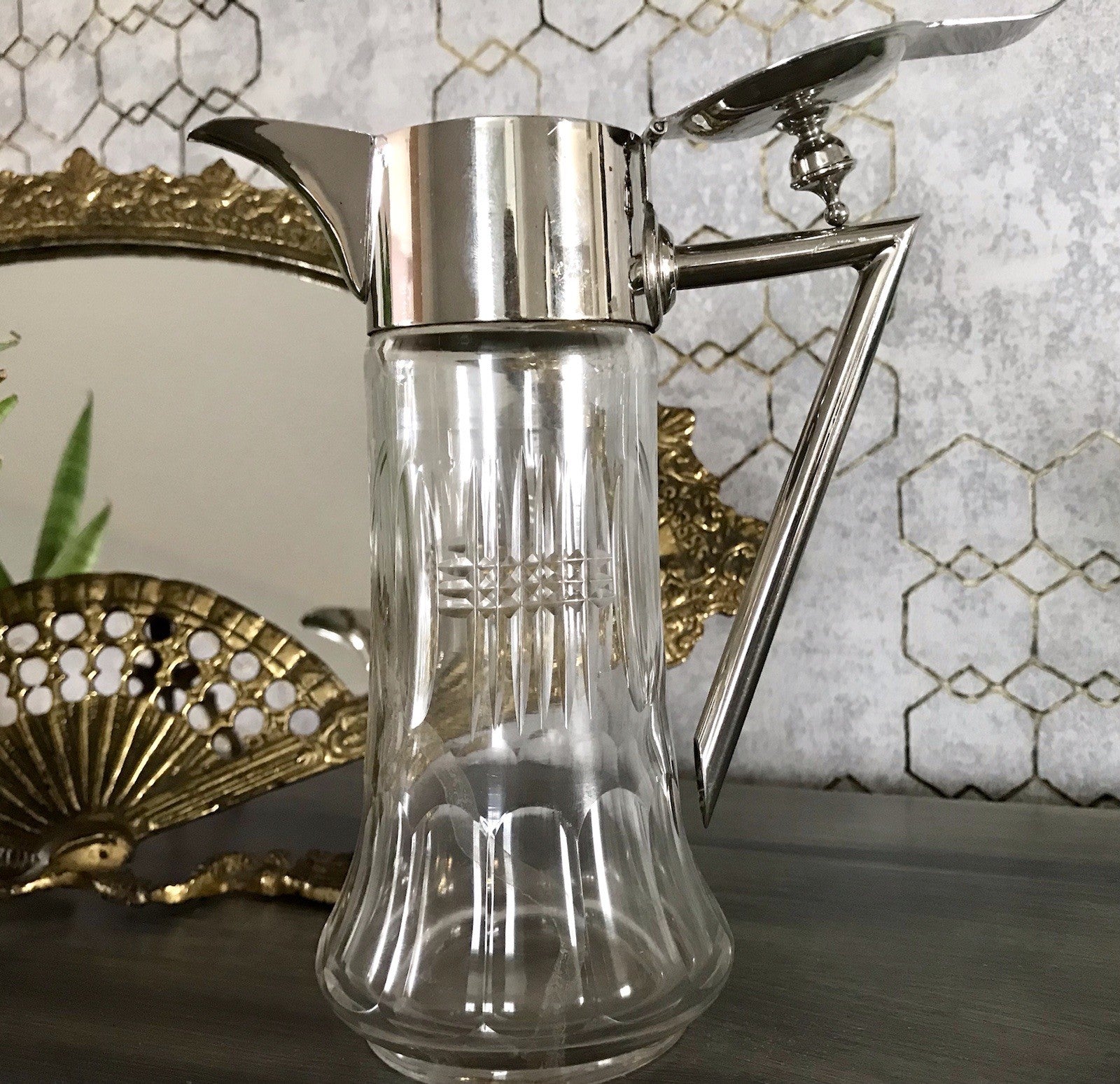 Antik Karaffe Dekanter Metallmontur versilbert? Kristallglas Schliff Edel!