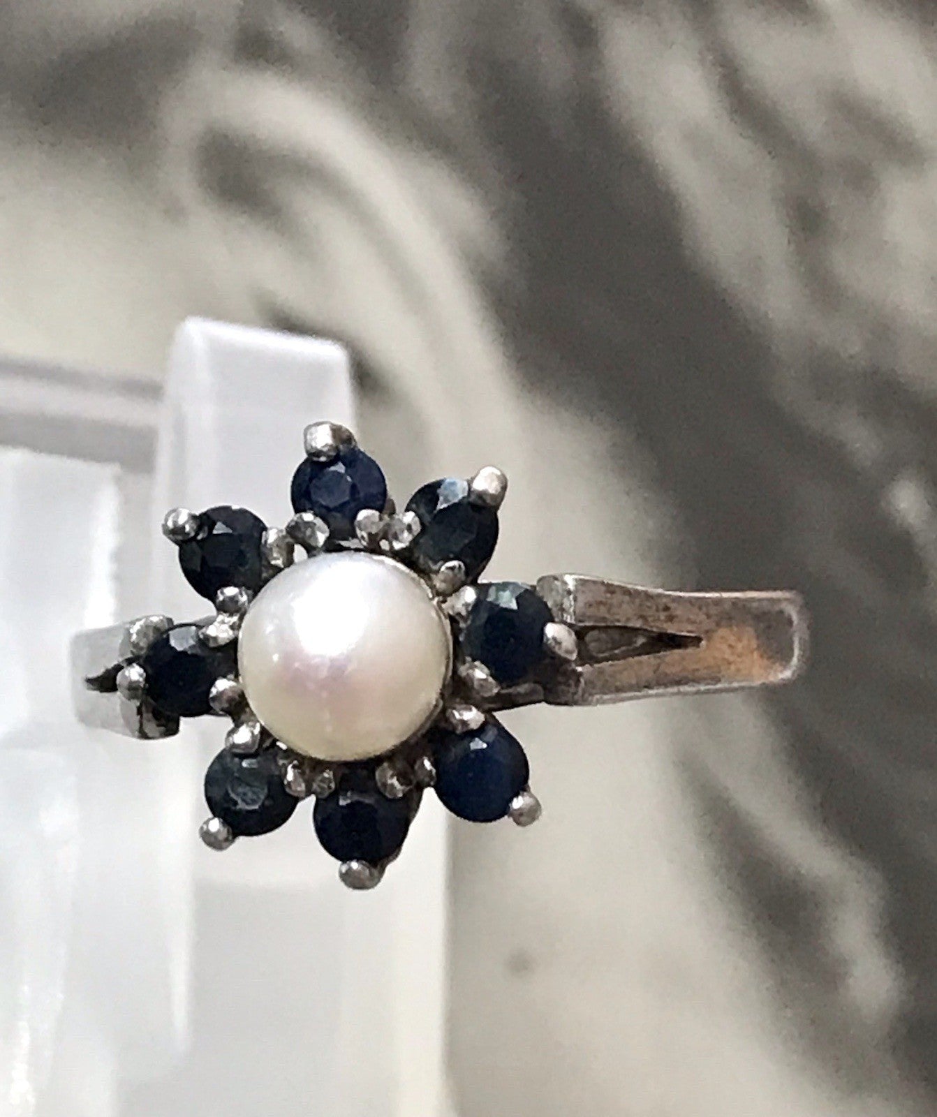Antik? Vintage Art Déco Damen Ring Perle Spinell ? Saphir? Silber 925 Gr.57 18,1