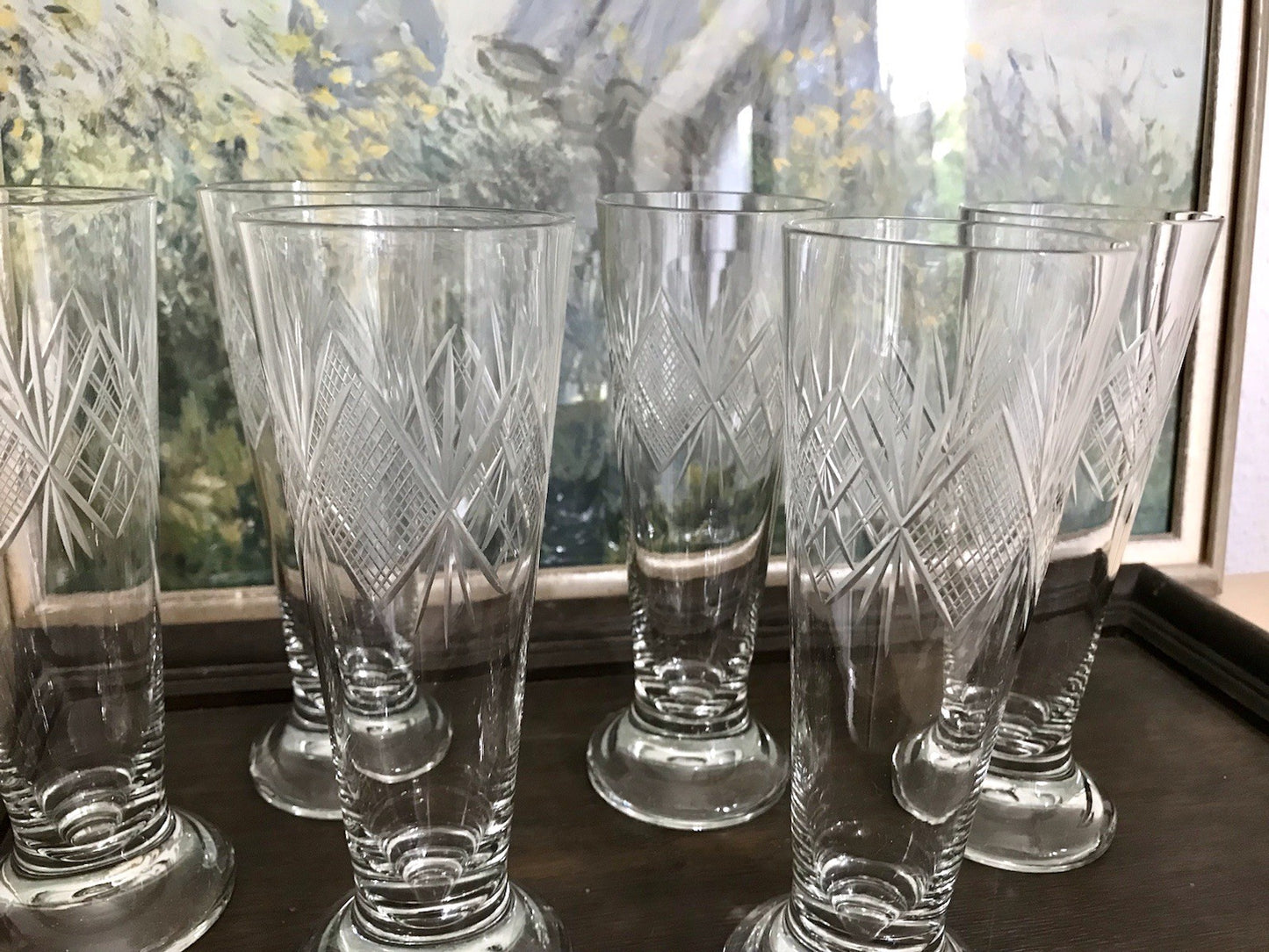 Antik 6x Fußbecher Fußrand-Becher mundgebl. Pokalgläser Kristallglas? Schliff