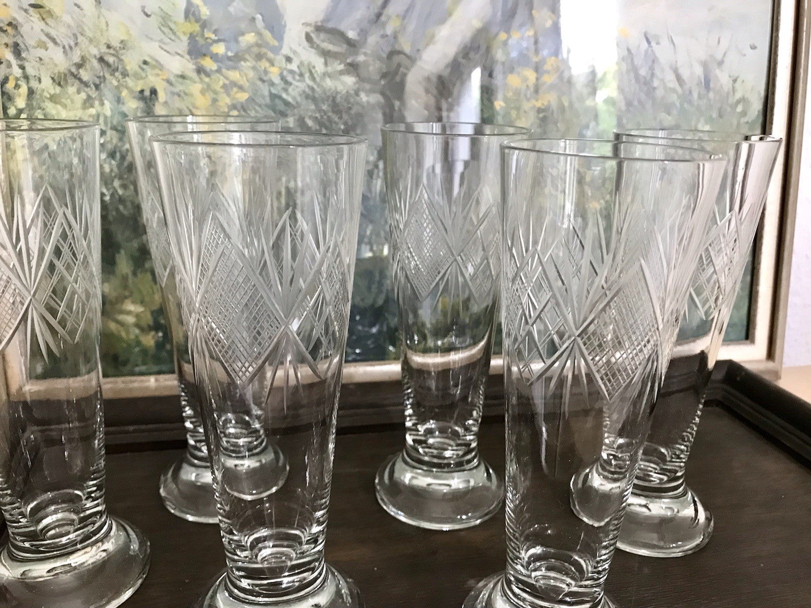Antik 6x Fußbecher Fußrand-Becher mundgebl. Pokalgläser Kristallglas? Schliff