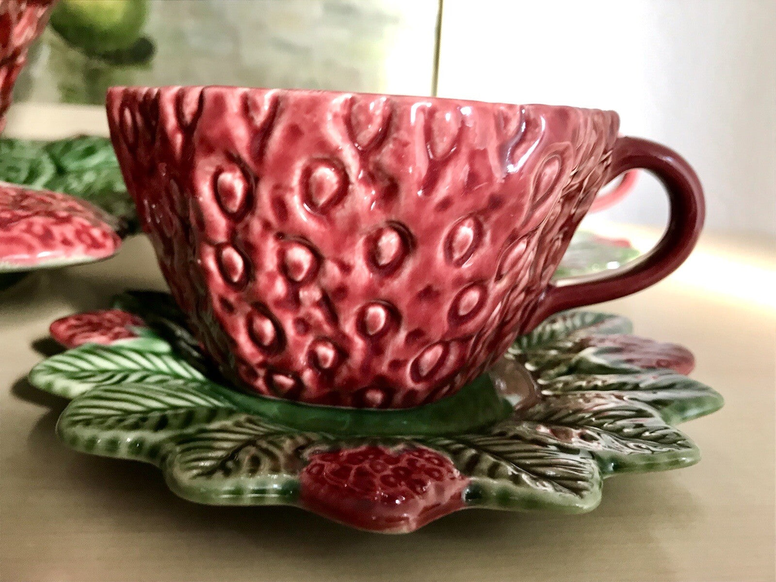 Vintage alt Majolika Keramik Bowle Set Topf 6 Tassen grün rot Erdbeere Pinhero