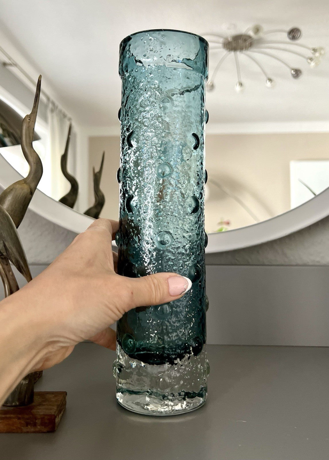 Vintage 60er Riihimäki Lasi Designer Glasvase Vase Glas graublau Finnland Rauch
